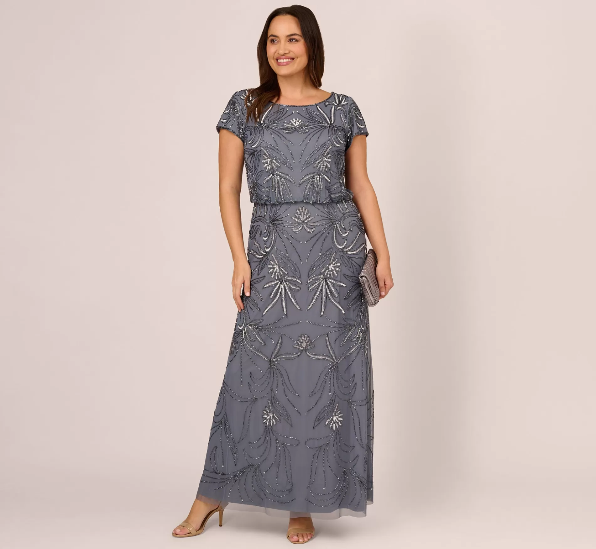 Sale Plus Size Long Beaded Blouson Dress In Dusty Blue Signature Blouson Collection | Long Dresses