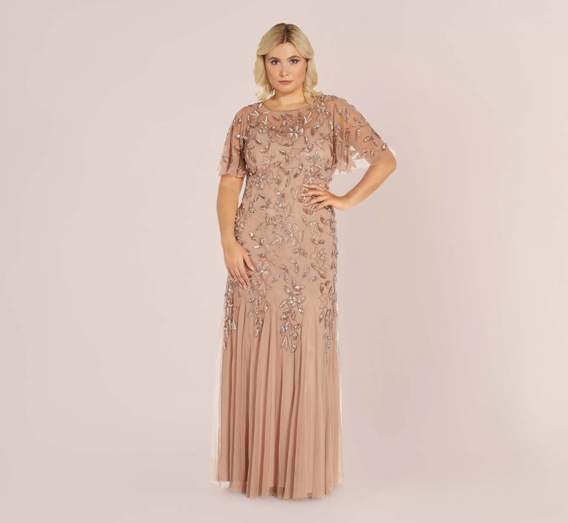 Discount Plus Size Long Floral Beaded Gown With Flutter Sleeves In Rose Gold Long Dresses | Plus Size