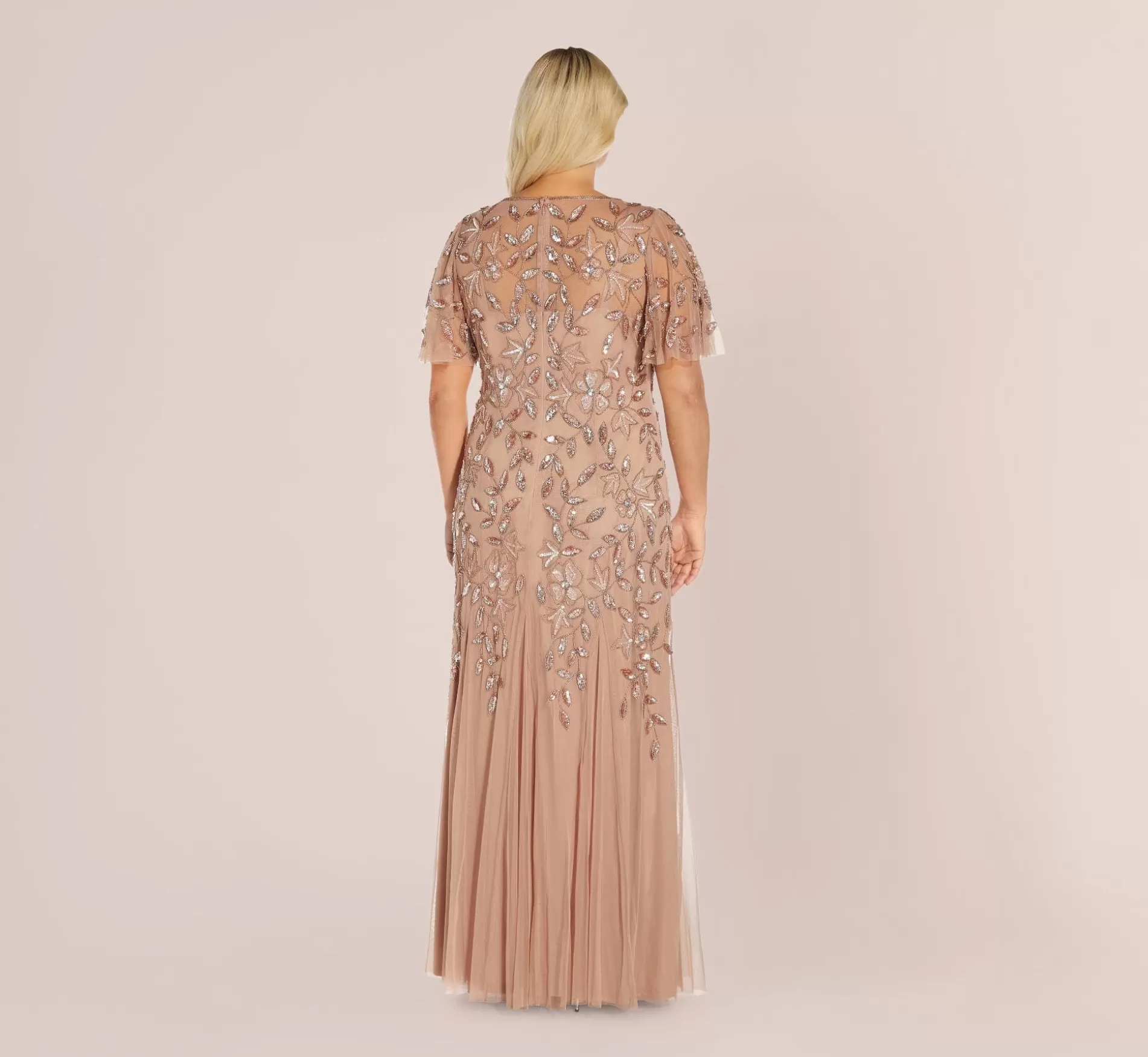 Discount Plus Size Long Floral Beaded Gown With Flutter Sleeves In Rose Gold Long Dresses | Plus Size