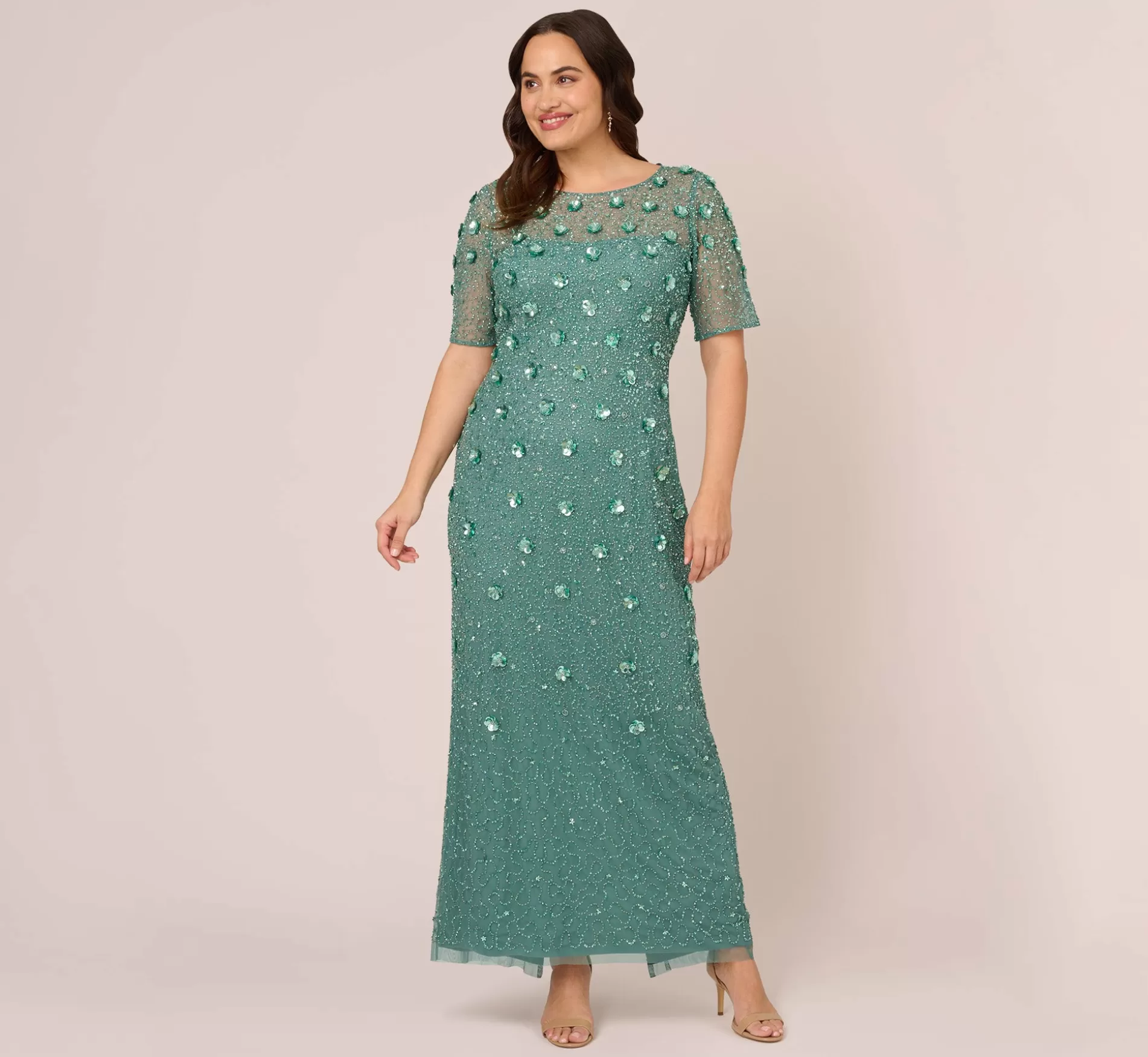 Sale Plus Size Long Hand Beaded 3D Floral Dress With Elbow Sleeves In Green Slate Beaded | Formal