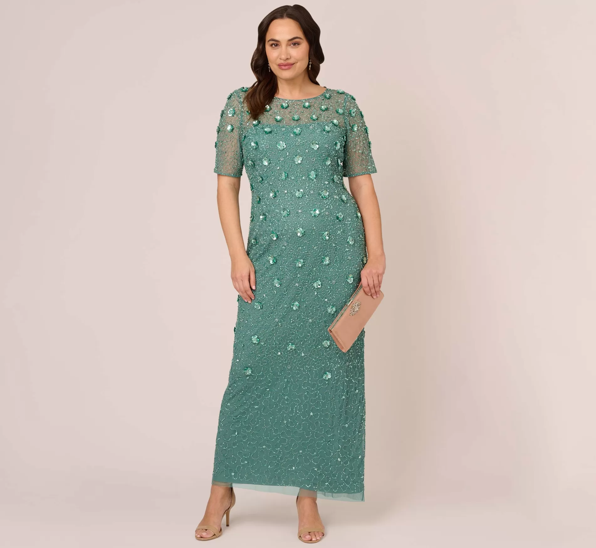 Sale Plus Size Long Hand Beaded 3D Floral Dress With Elbow Sleeves In Green Slate Beaded | Formal
