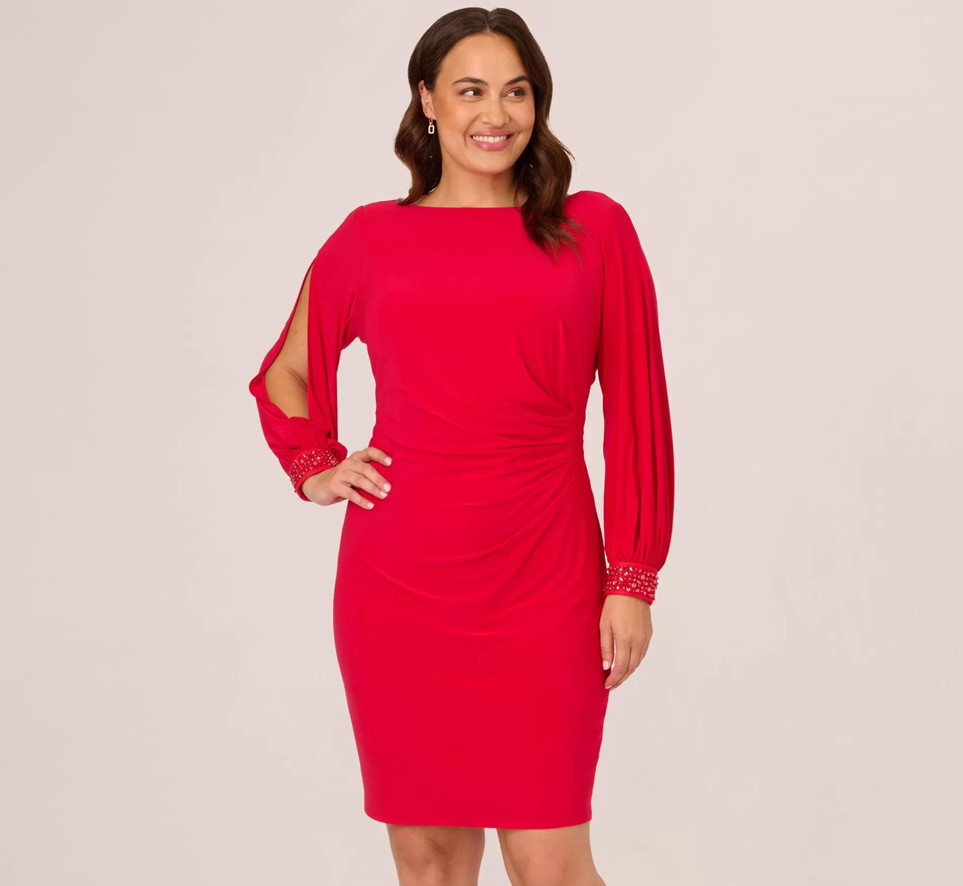 Shop Plus Size Long Sleeve Draped Jersey Dress With Beaded Cuffs In Hot Ruby Beaded | Day Dresses