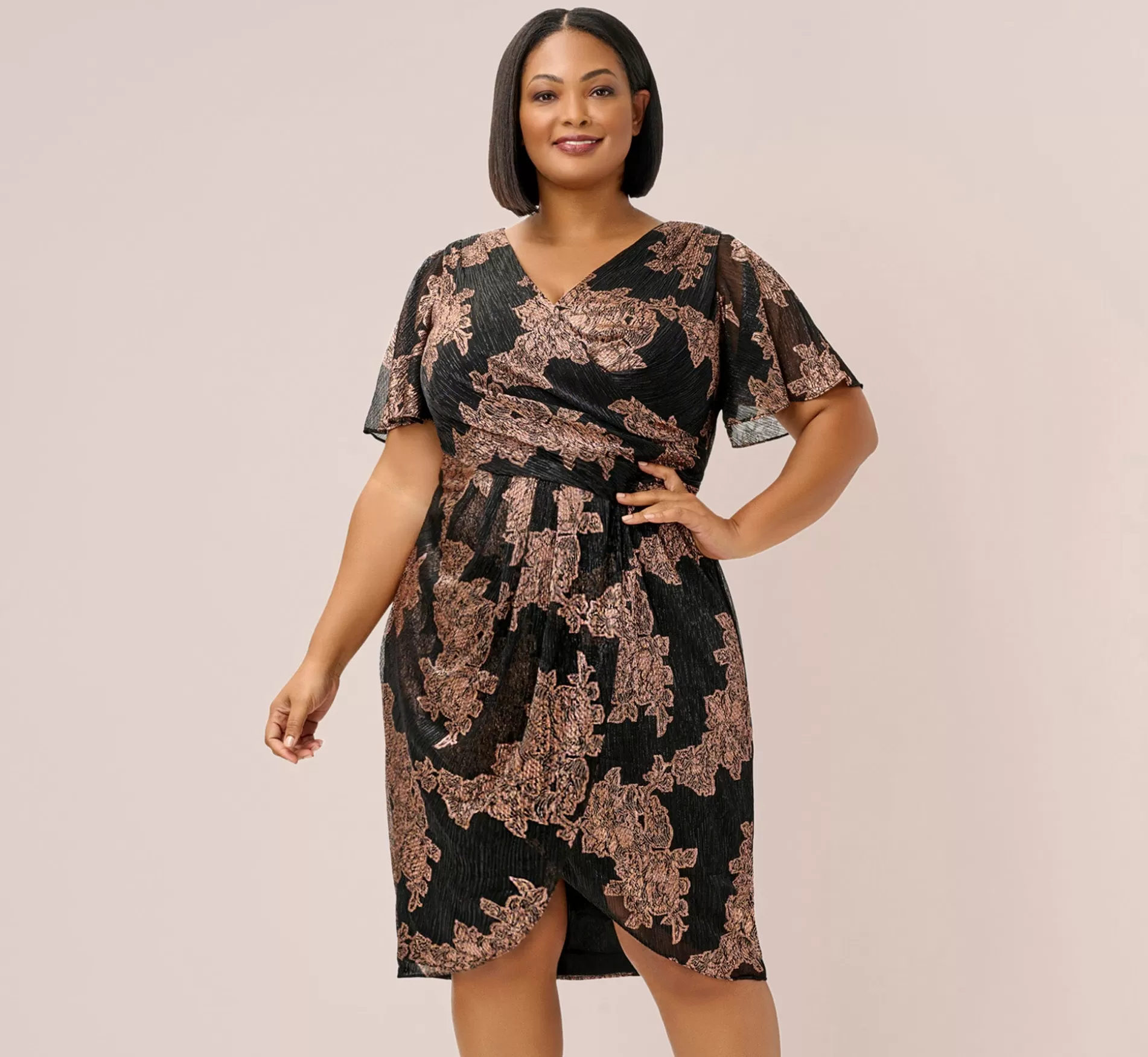 Discount Plus Size Metallic Foil Crinkled Mesh Midi-Length Wrap Dress In Rose Gold Black Black Tie | All Dresses