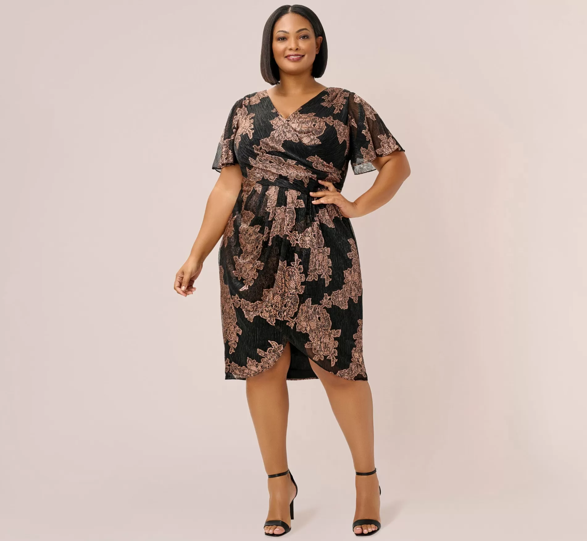 Discount Plus Size Metallic Foil Crinkled Mesh Midi-Length Wrap Dress In Rose Gold Black Black Tie | All Dresses
