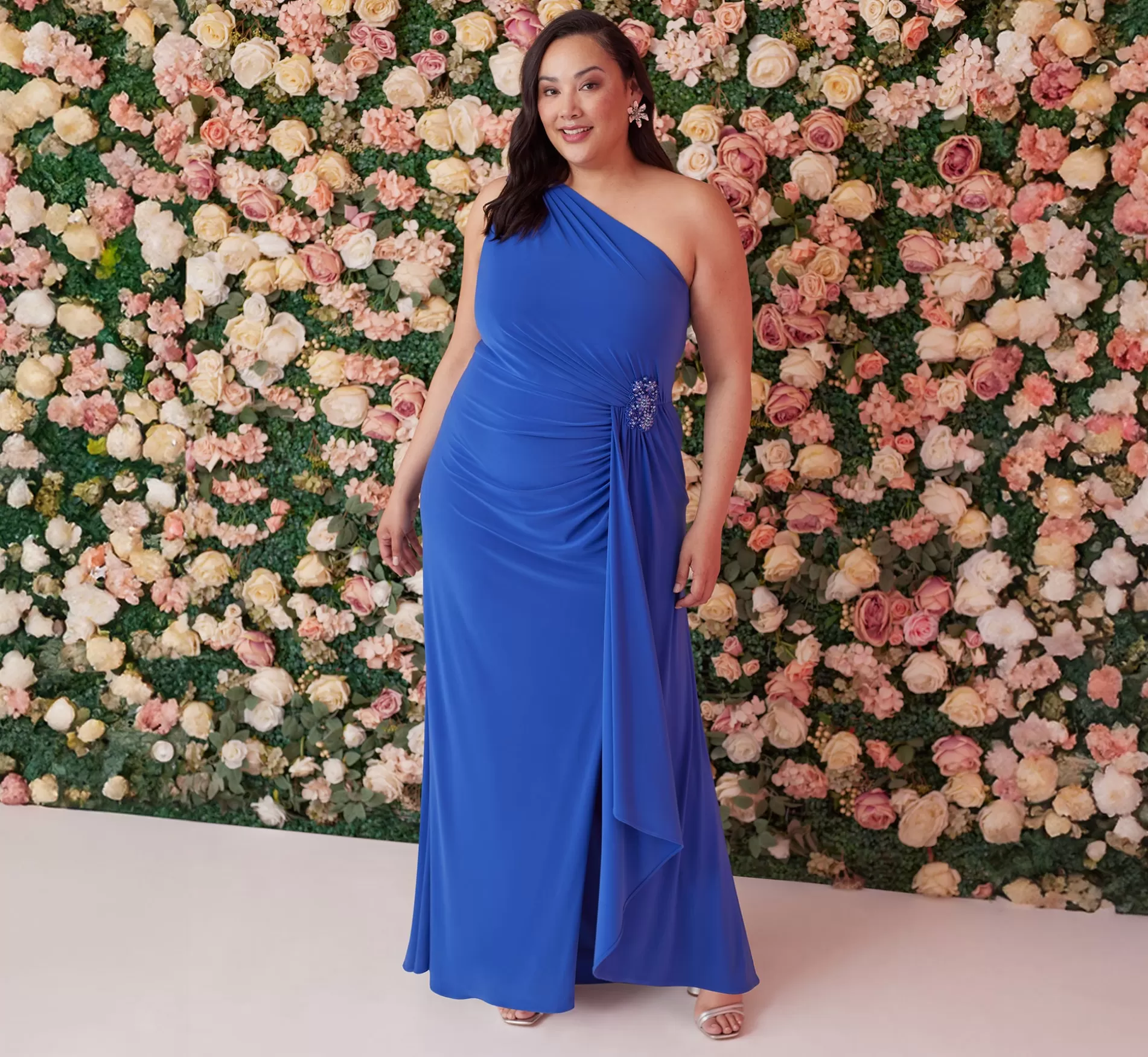 Sale Plus Size One Shoulder Draped Jersey Gown With Floral Sequin Accents In Brilliant Sapphire Long Dresses | Plus Size