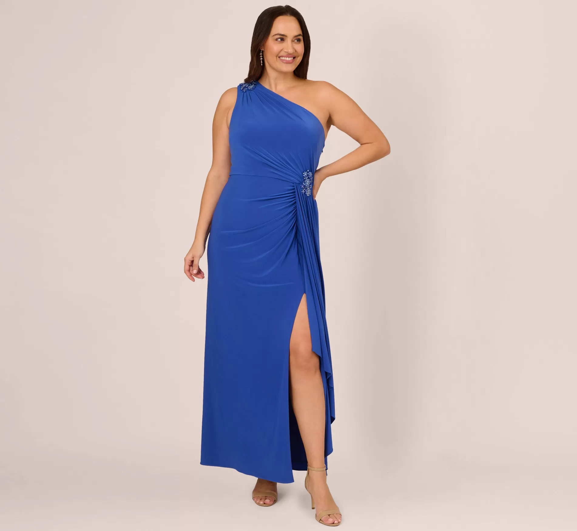 Sale Plus Size One Shoulder Draped Jersey Gown With Floral Sequin Accents In Brilliant Sapphire Long Dresses | Plus Size