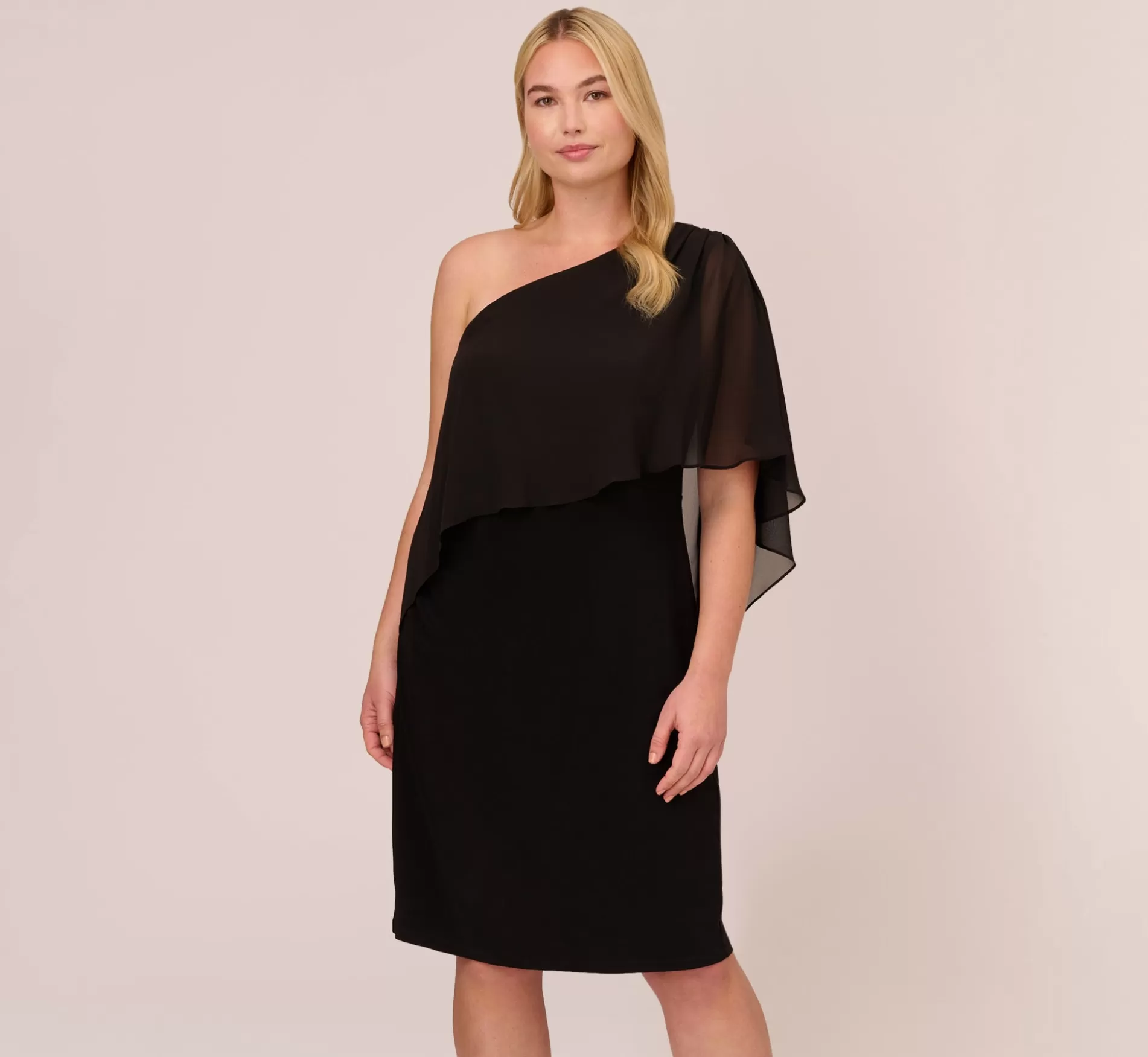 Discount Plus Size One Shoulder Dress With Chiffon Cape In Black Day Dresses | Midi Dresses