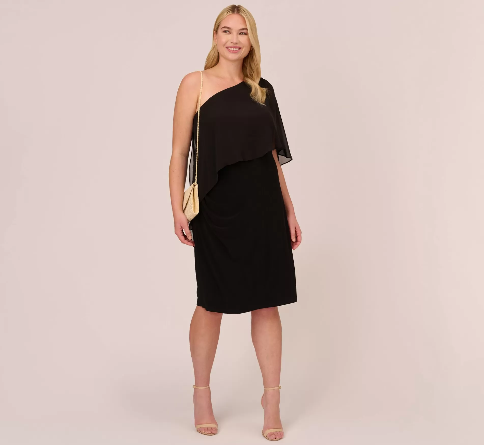 Discount Plus Size One Shoulder Dress With Chiffon Cape In Black Day Dresses | Midi Dresses