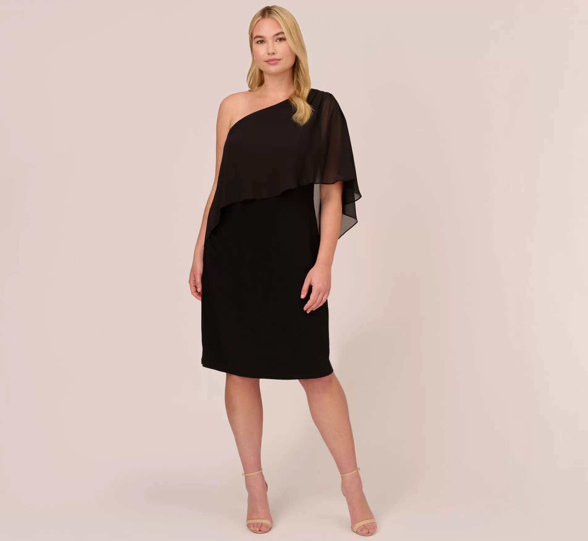 Discount Plus Size One Shoulder Dress With Chiffon Cape In Black Day Dresses | Midi Dresses