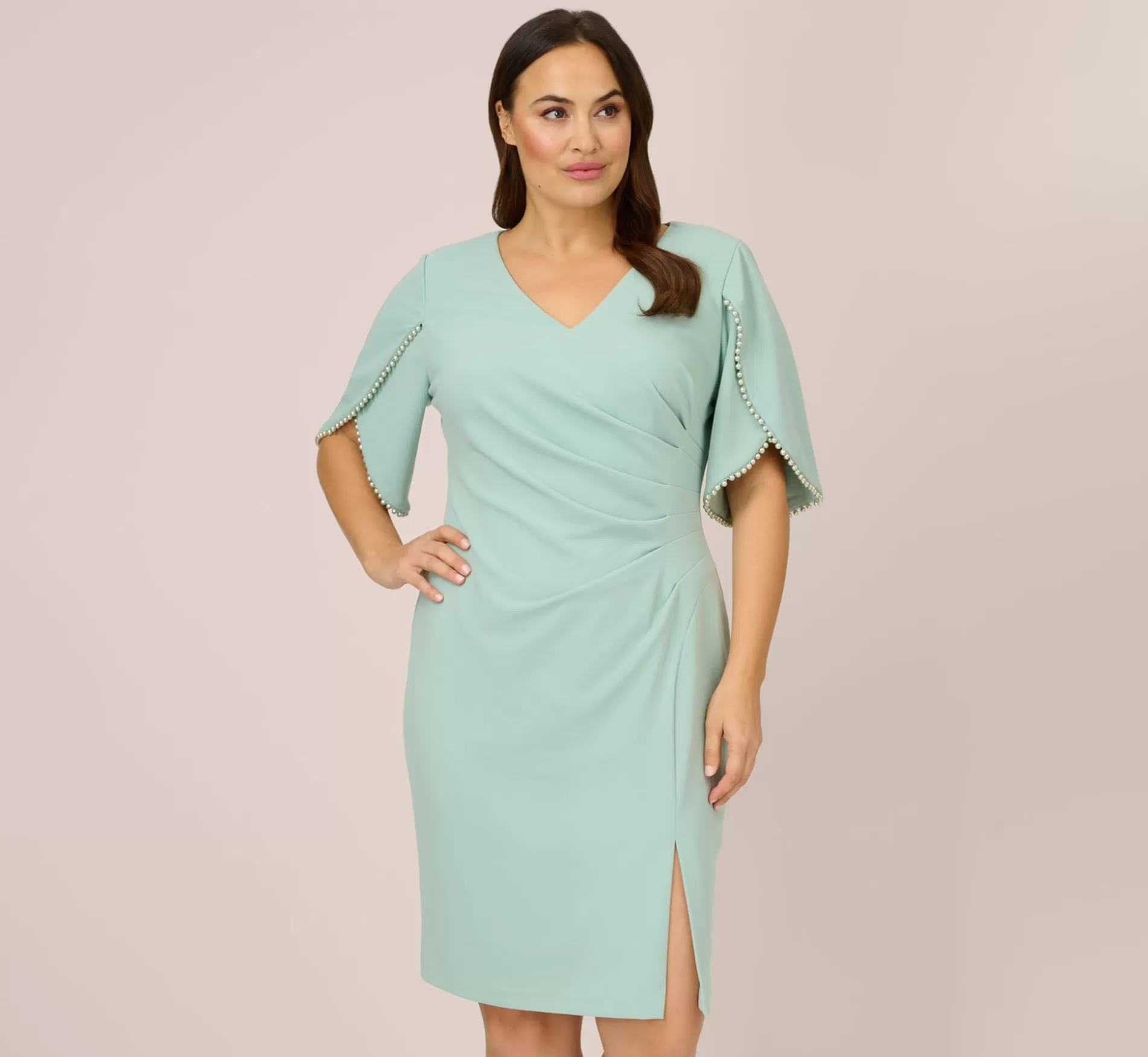 Outlet Plus Size Pearl Embellished Knit Crepe Sheath Dress In Cloudy Aqua Day Dresses | Midi Dresses