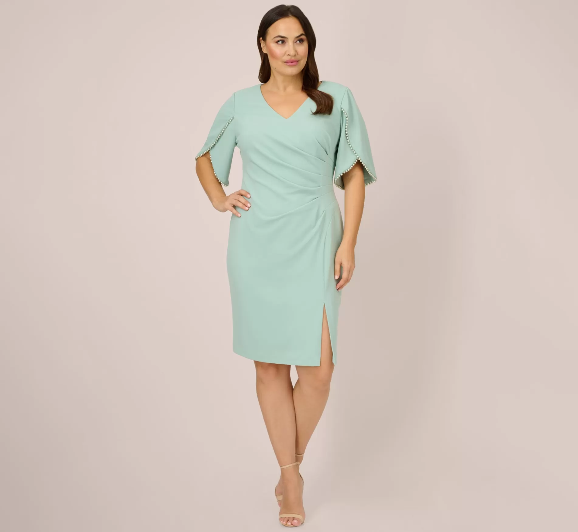 Outlet Plus Size Pearl Embellished Knit Crepe Sheath Dress In Cloudy Aqua Day Dresses | Midi Dresses