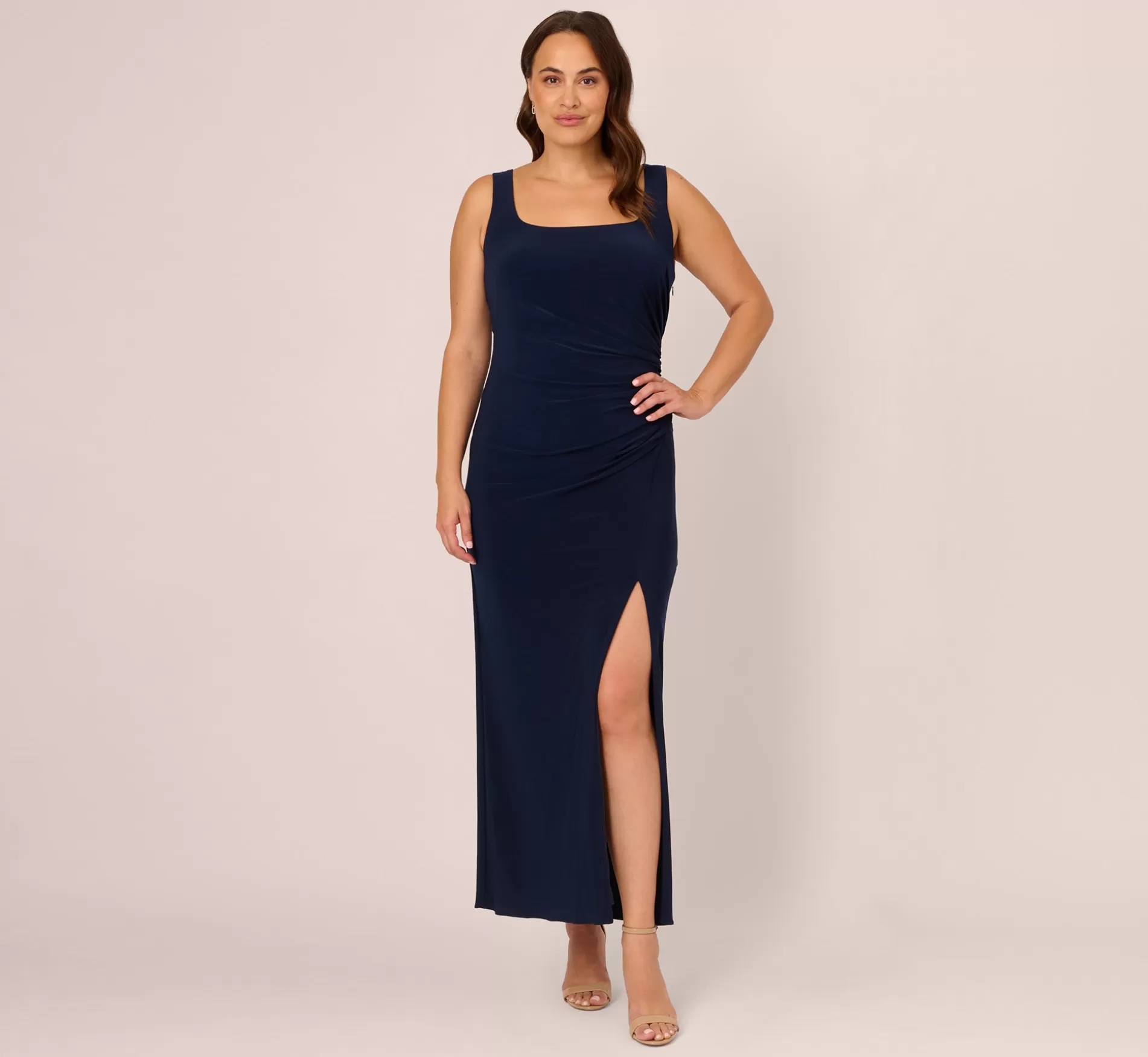 Outlet Plus Size Sleeveless Jersey Gown With Embellished Lace Cowl Back In Midnight Black Tie | Long Dresses