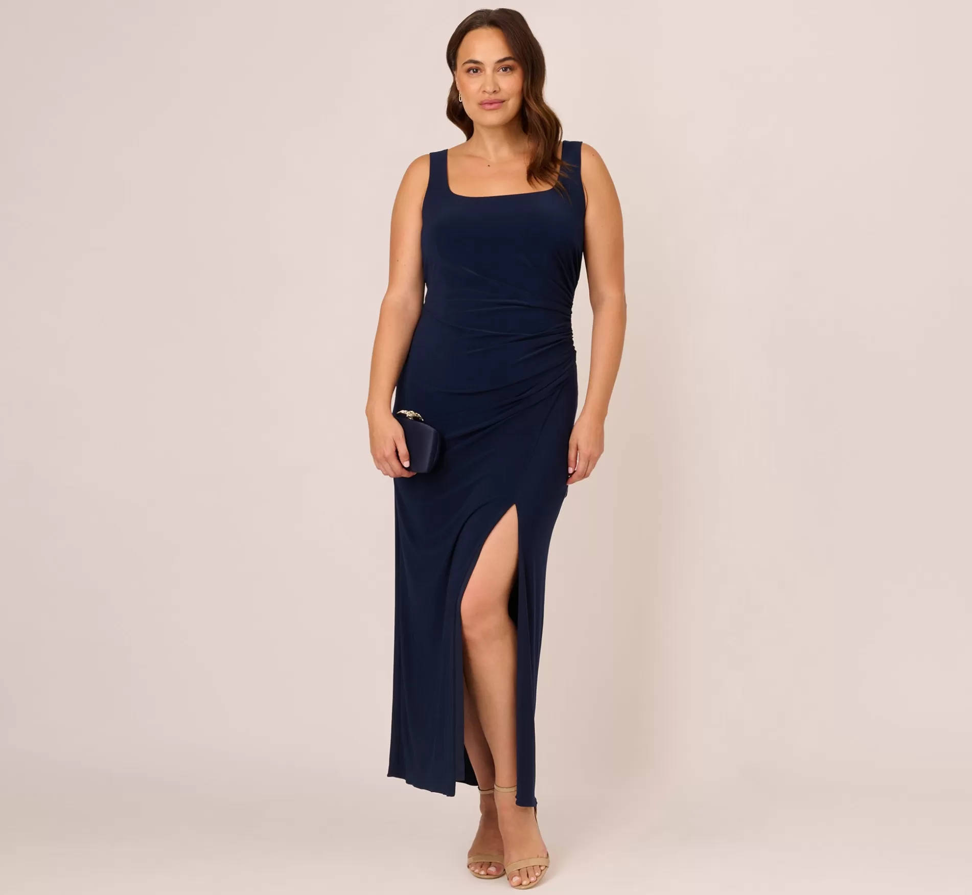 Outlet Plus Size Sleeveless Jersey Gown With Embellished Lace Cowl Back In Midnight Black Tie | Long Dresses
