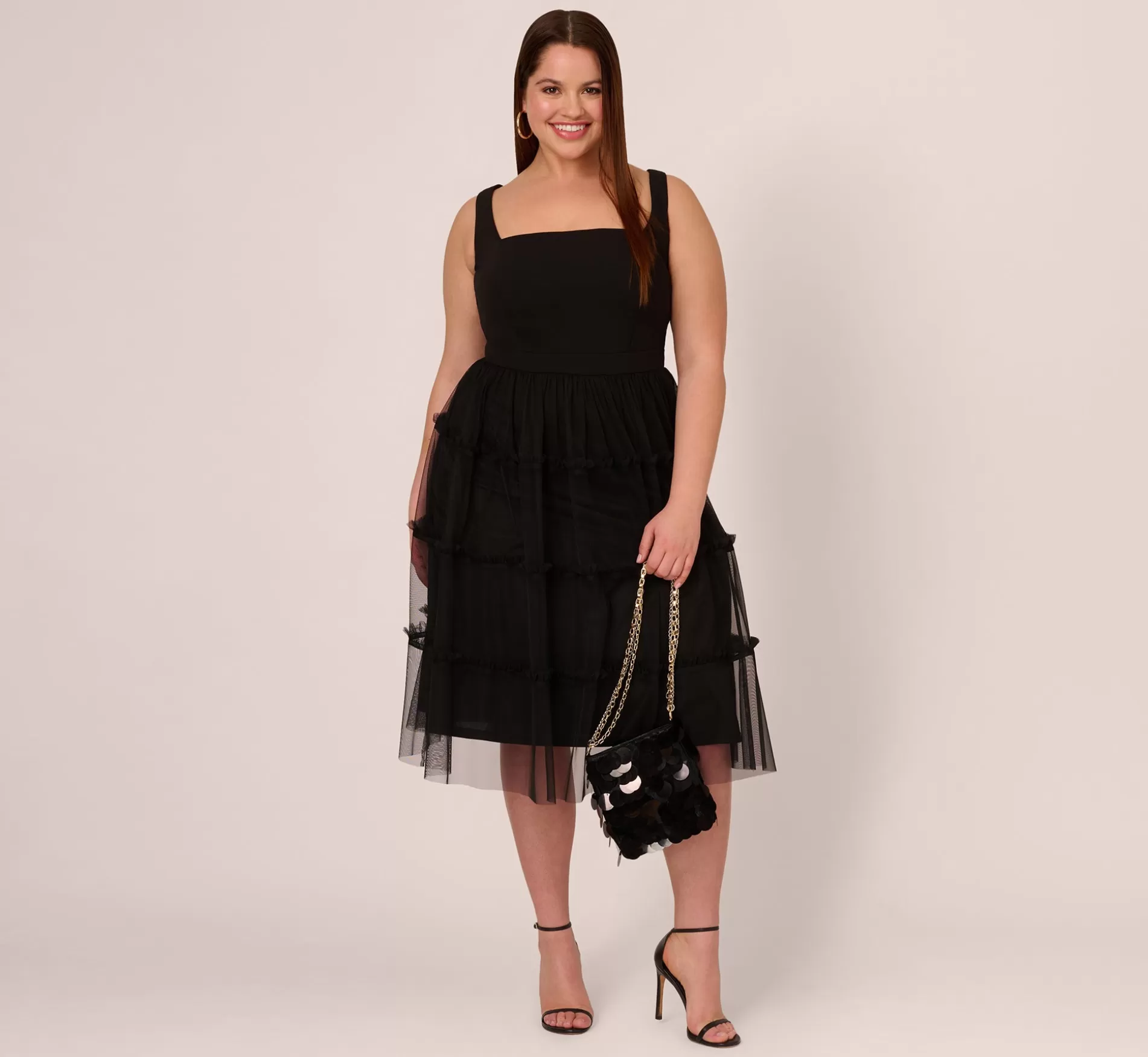 Flash Sale Plus Size Sleeveless Midi Dress With Square Neck And Tiered Skirt In Black Formal | Midi Dresses