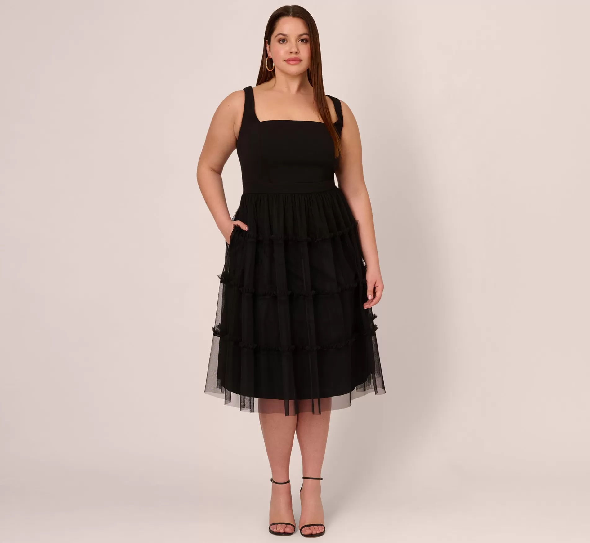 Flash Sale Plus Size Sleeveless Midi Dress With Square Neck And Tiered Skirt In Black Formal | Midi Dresses