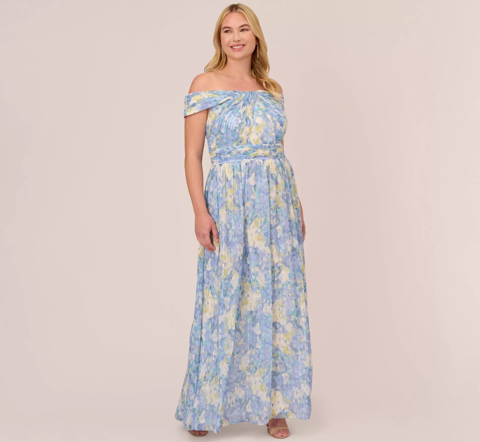 Outlet Plus Size Watercolor Floral Print Gown With Off The Shoulder Neckline In Blue Multi Black Tie | Floral