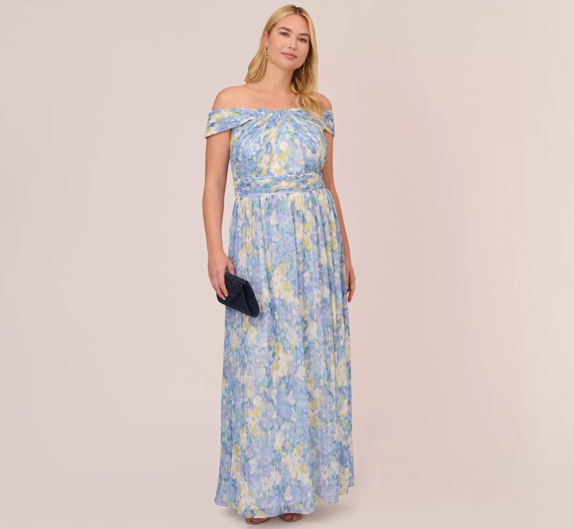Outlet Plus Size Watercolor Floral Print Gown With Off The Shoulder Neckline In Blue Multi Black Tie | Floral