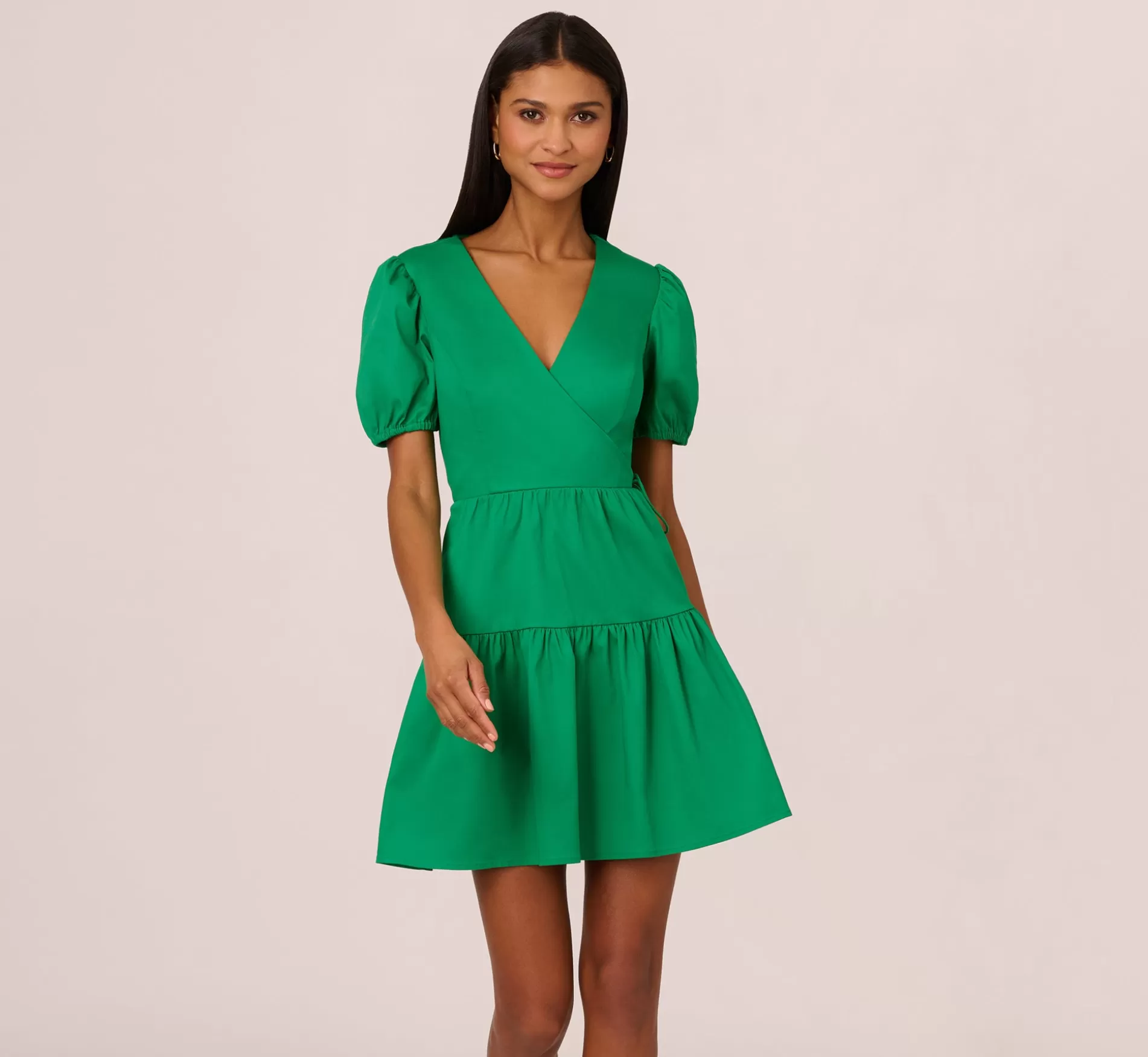 Clearance Puff Short Sleeve Dress With Tiered Skirt In Green Formal | Day Dresses
