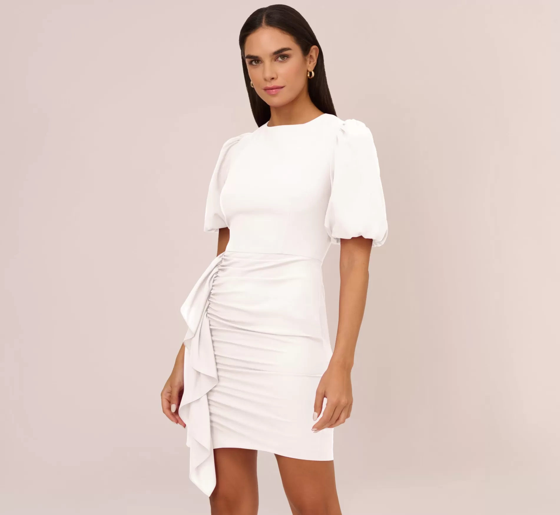 Best Sale Puff Short Sleeve Sheath Dress With Ruffle Accent In Ivory Little White Dresses | Short Dresses