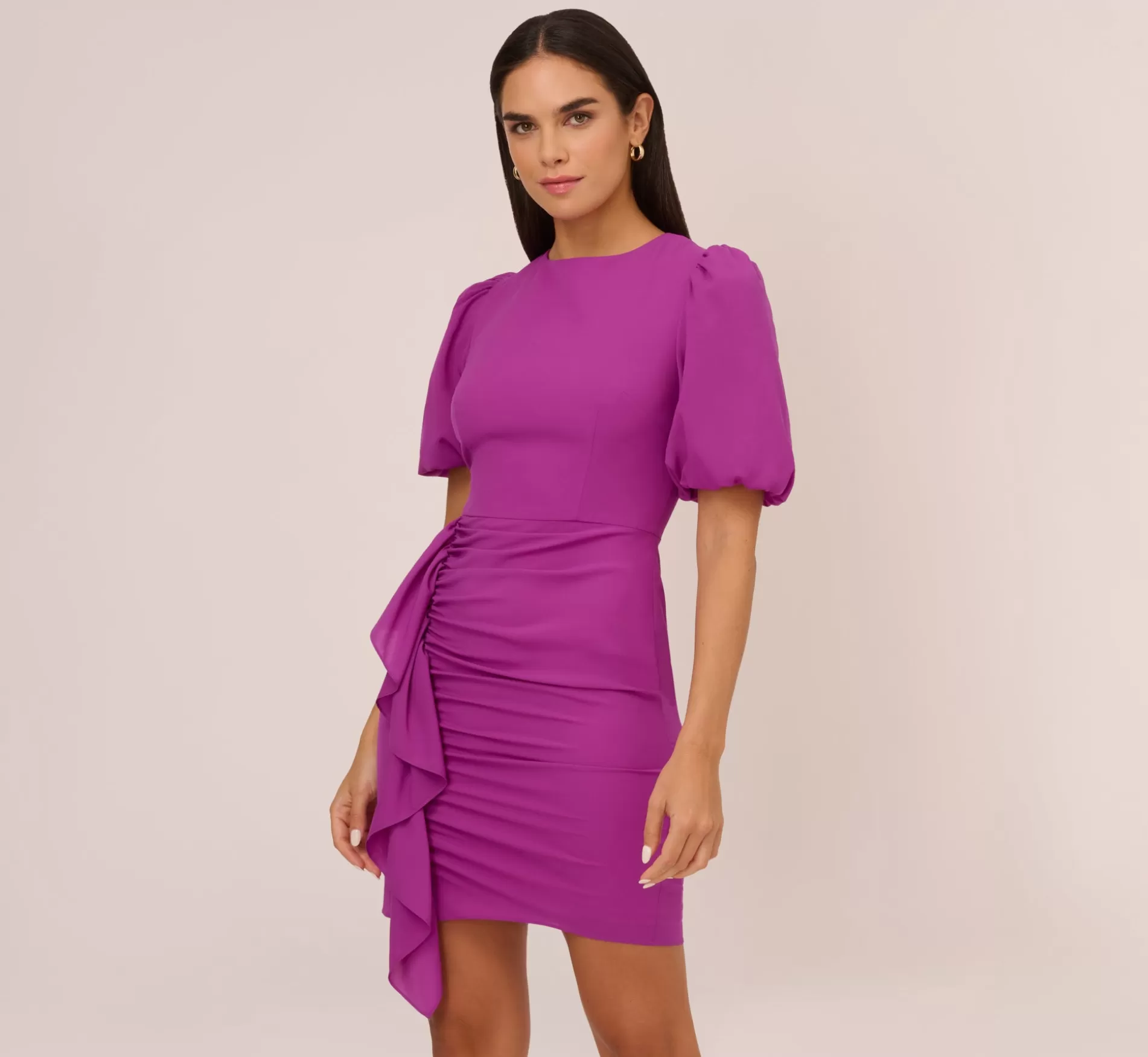 Sale Puff Short Sleeve Sheath Dress With Ruffle Accent In Wild Orchid Short Dresses