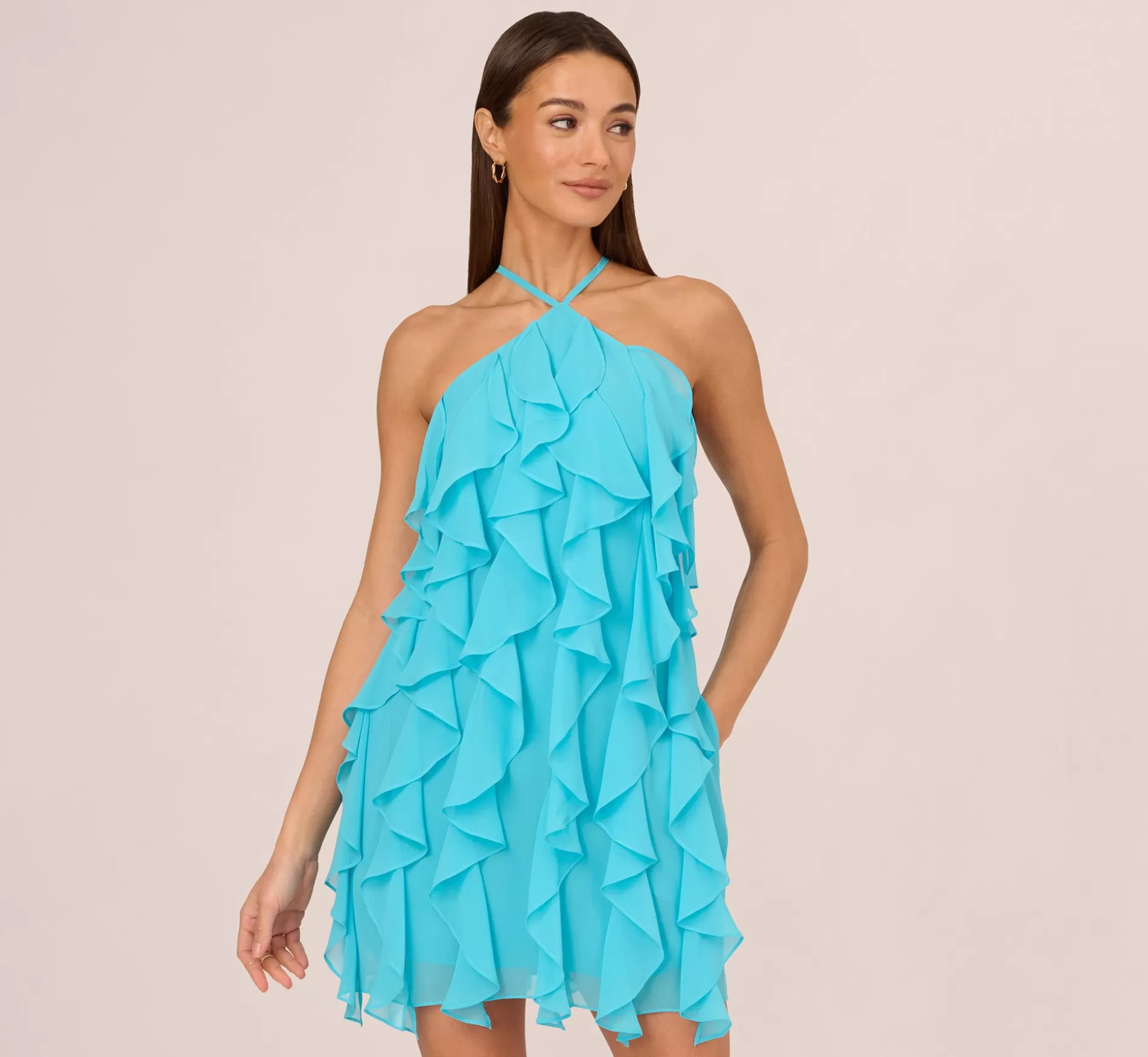 Fashion Ruffle Chiffon Halter Dress With Pockets In Azure Blue Formal | Short Dresses