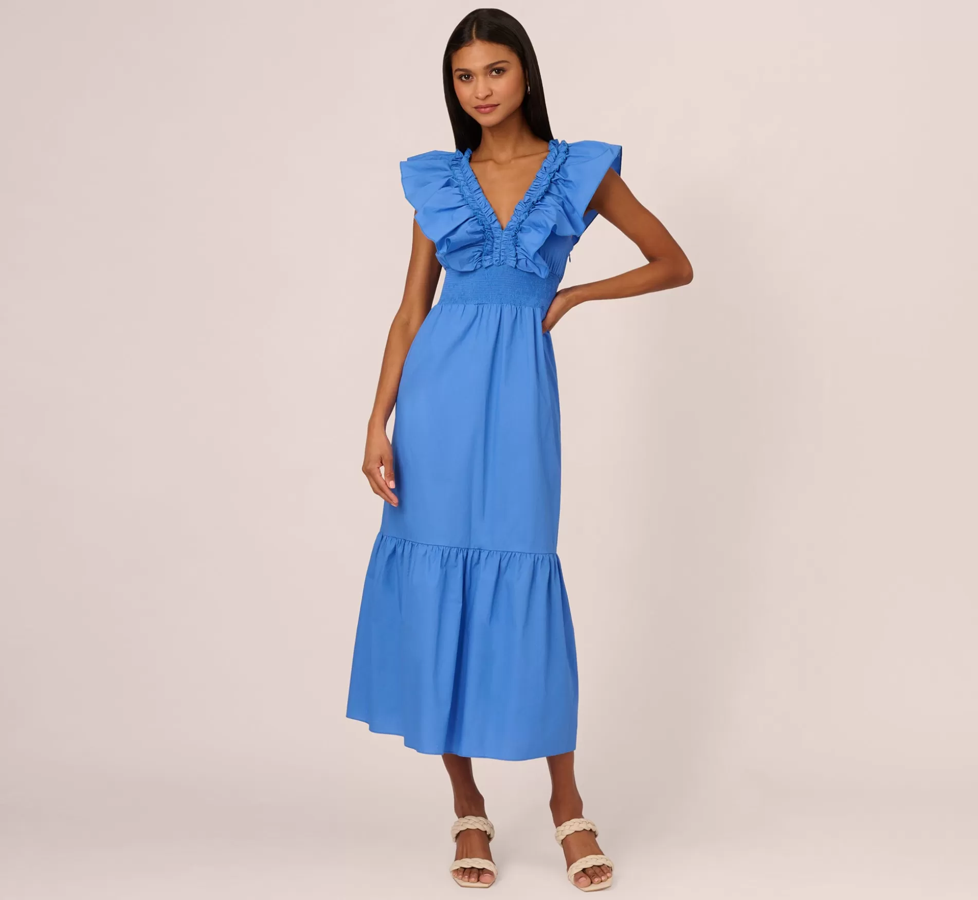 Fashion Ruffled Maxi Dress With Shirred Details In Cool Water Formal | Day Dresses