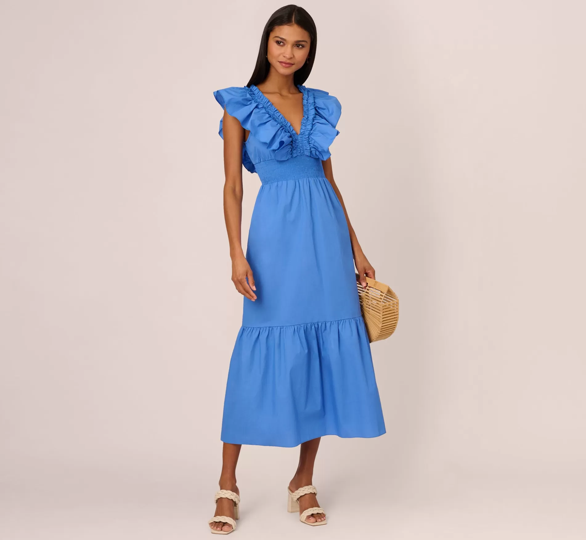 Fashion Ruffled Maxi Dress With Shirred Details In Cool Water Formal | Day Dresses