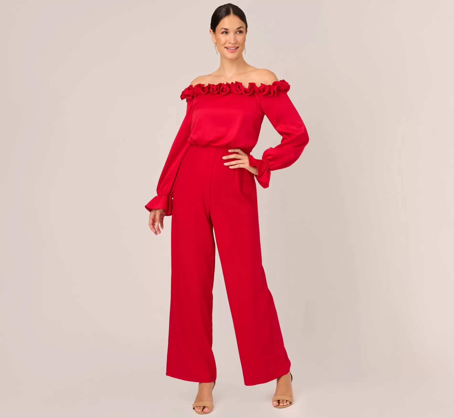 Best Satin Crepe Blouson Jumpsuit With Rosette Trim In Hot Ruby Black Tie | Dresses with Sleeves