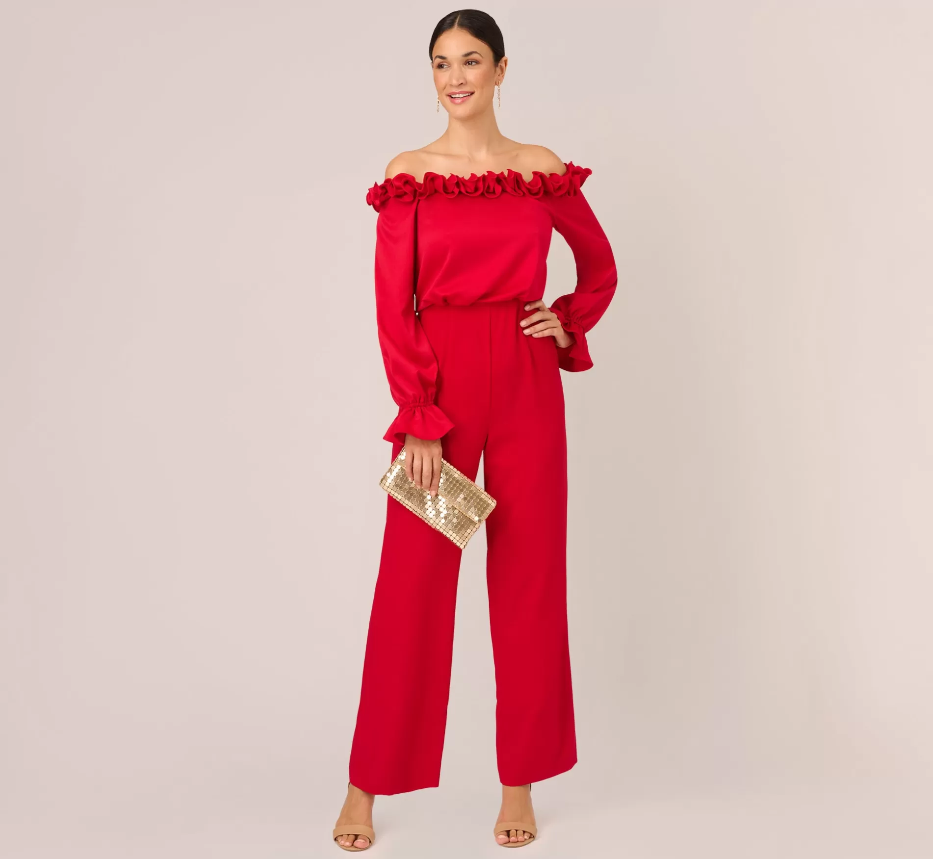 Best Satin Crepe Blouson Jumpsuit With Rosette Trim In Hot Ruby Black Tie | Dresses with Sleeves