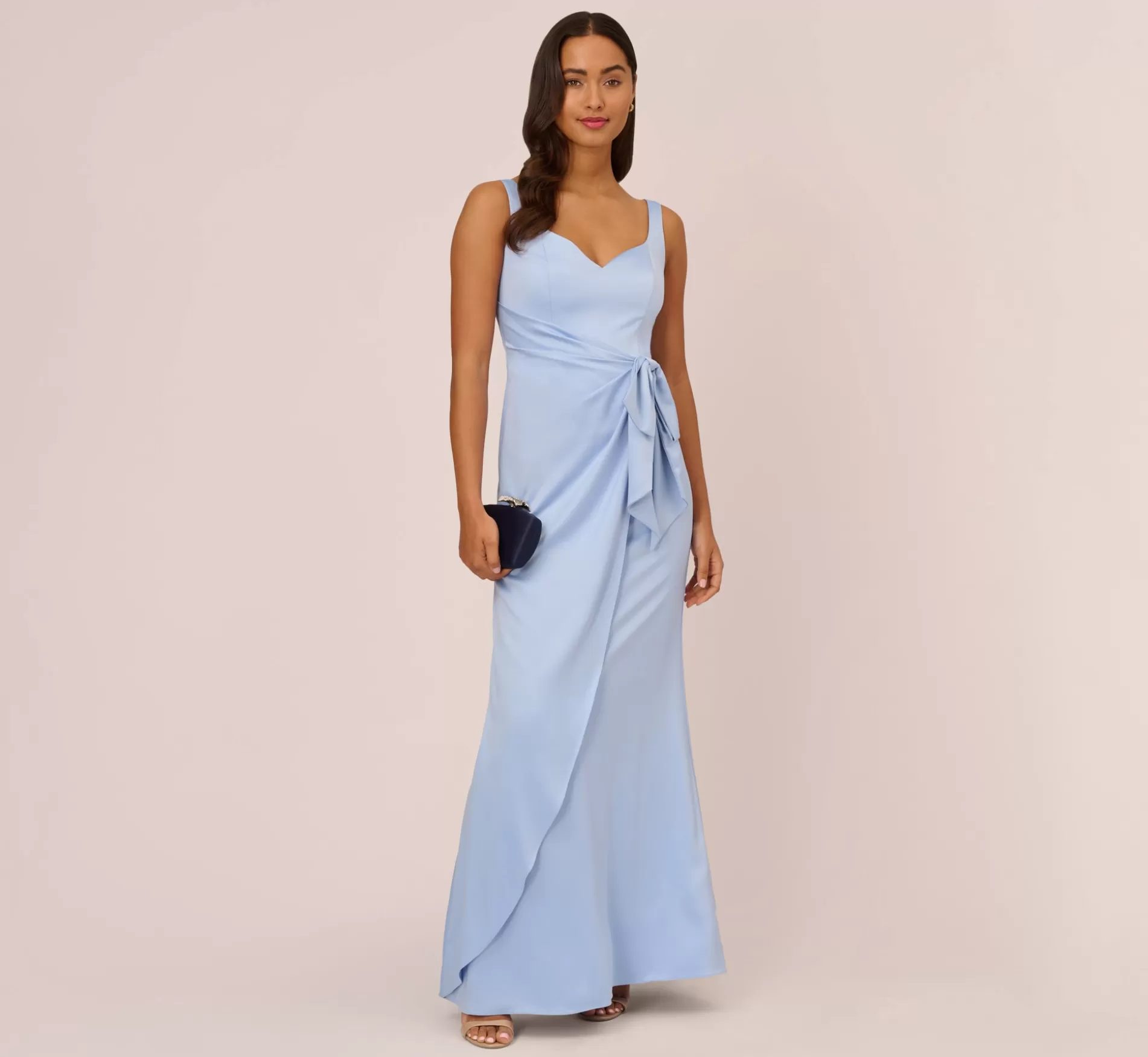 Sale Satin Crepe Mermaid Gown With Tie Waist In Blue Breeze Long Dresses | Black Tie