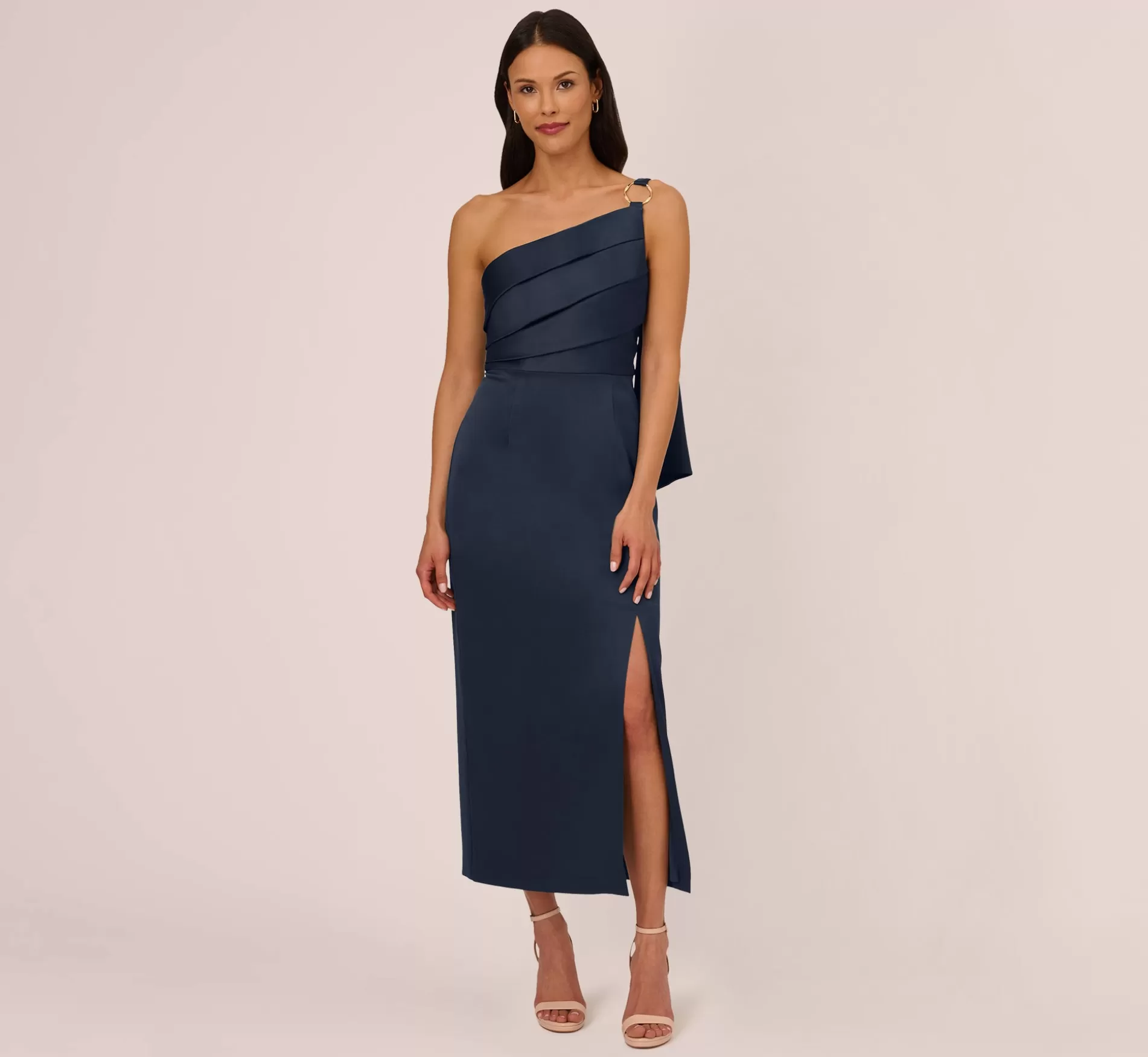 Outlet Satin Crepe One Shoulder Gown With Metal Ring Accent In Dark Navy Black Tie | Formal