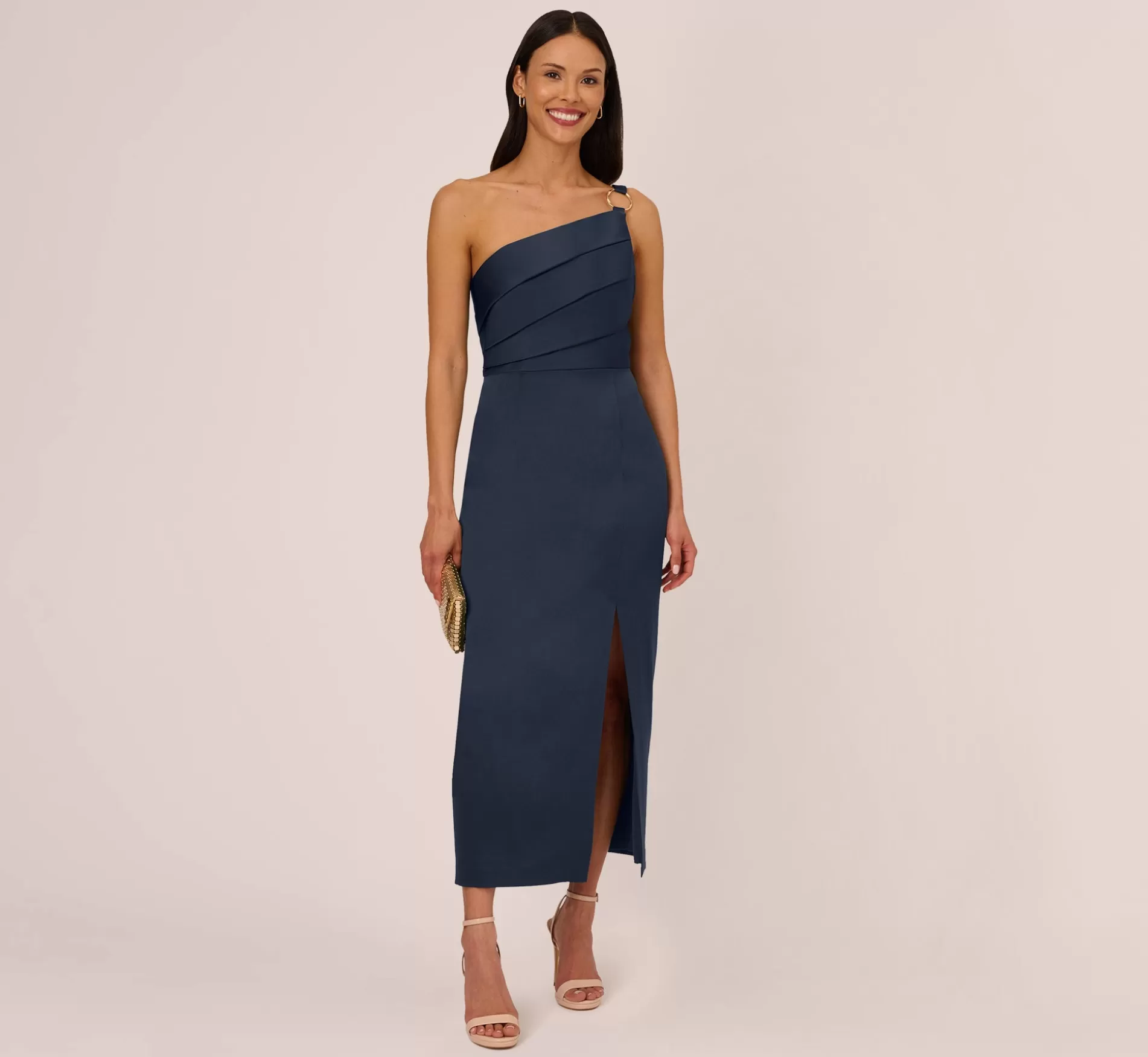 Outlet Satin Crepe One Shoulder Gown With Metal Ring Accent In Dark Navy Black Tie | Formal