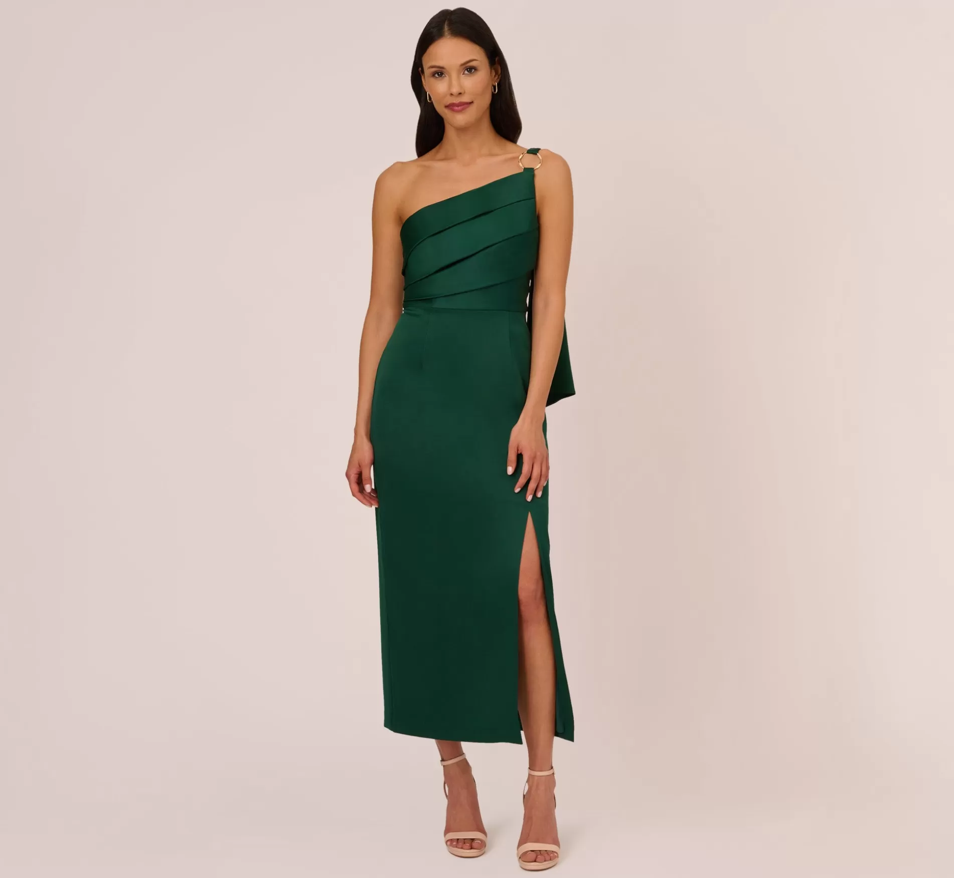 New Satin Crepe One Shoulder Gown With Metal Ring Accent In Deep Forest Long Dresses | Best Sellers