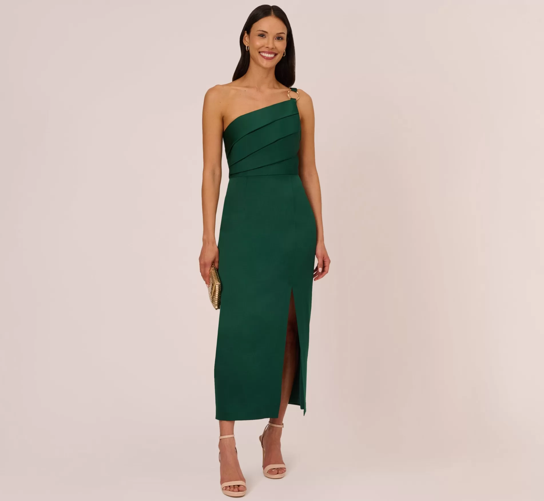 New Satin Crepe One Shoulder Gown With Metal Ring Accent In Deep Forest Long Dresses | Best Sellers