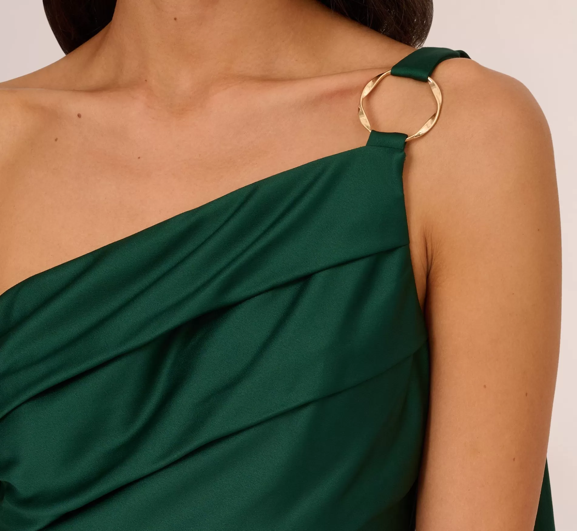 New Satin Crepe One Shoulder Gown With Metal Ring Accent In Deep Forest Long Dresses | Best Sellers
