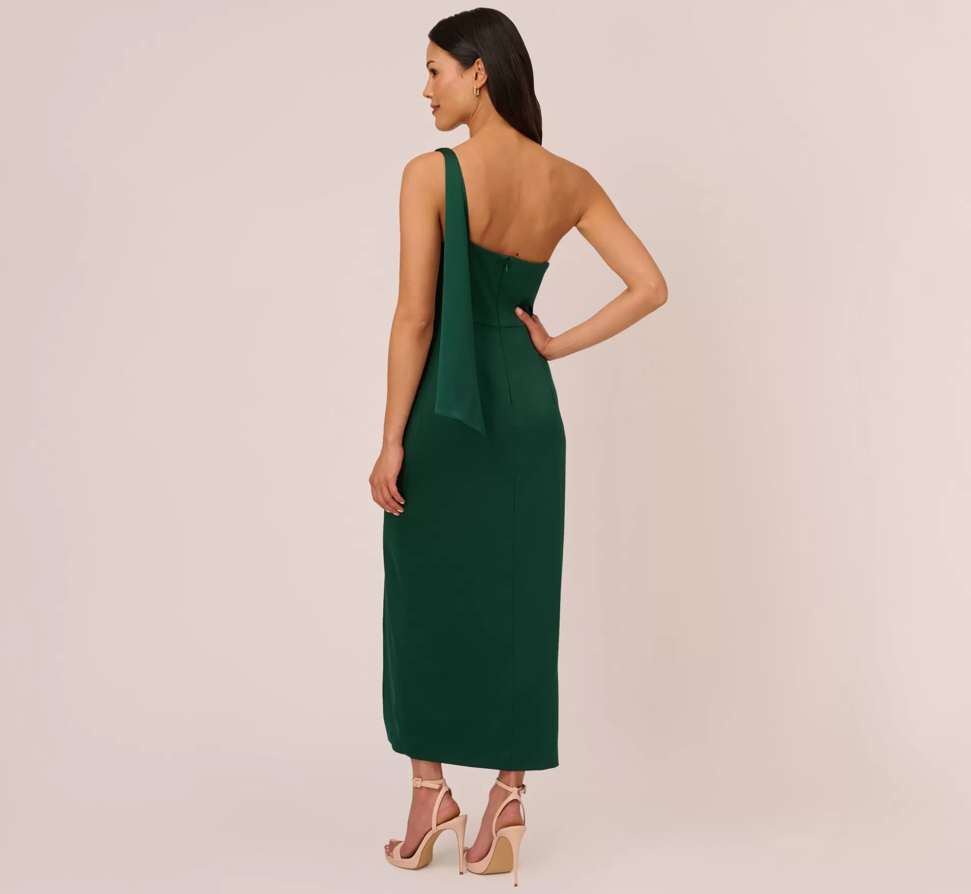 New Satin Crepe One Shoulder Gown With Metal Ring Accent In Deep Forest Long Dresses | Best Sellers