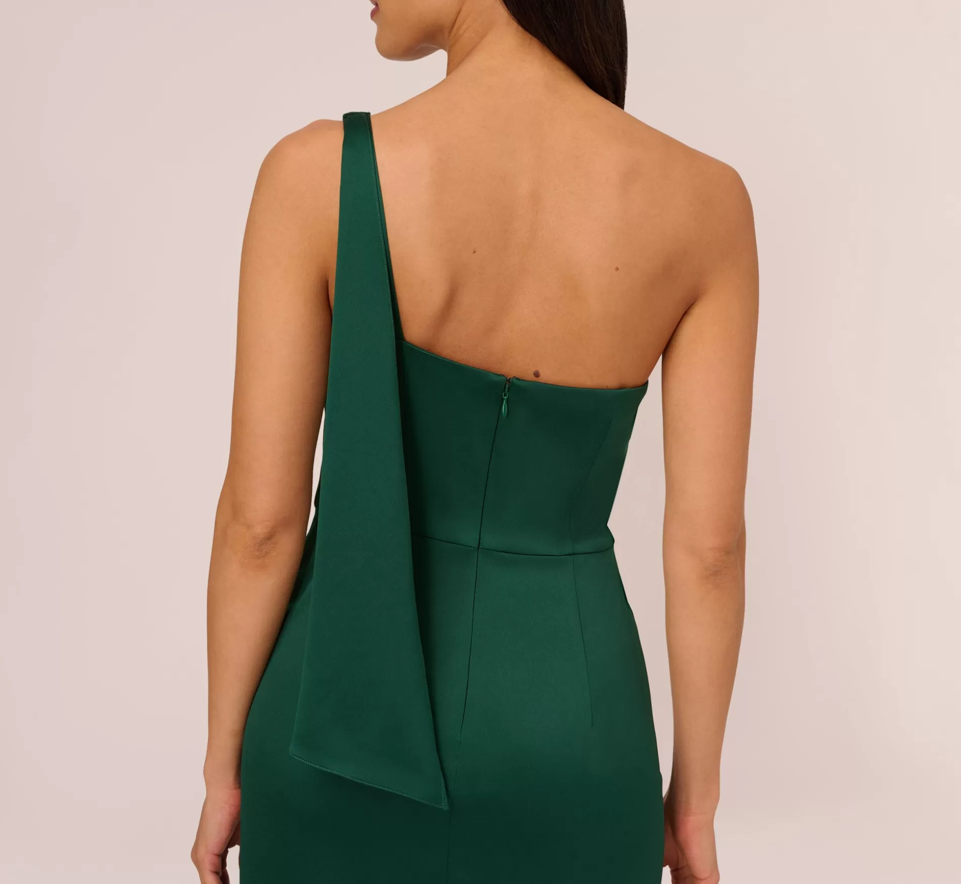 New Satin Crepe One Shoulder Gown With Metal Ring Accent In Deep Forest Long Dresses | Best Sellers