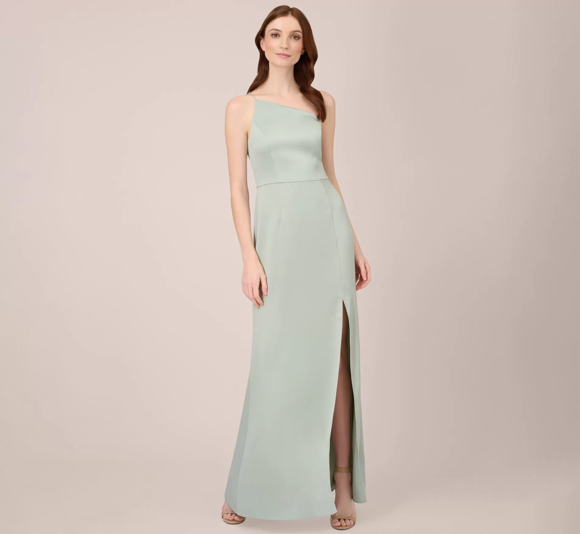 New Satin Crepe One-Shoulder Long Gown In Willow Long Dresses | Day Dresses