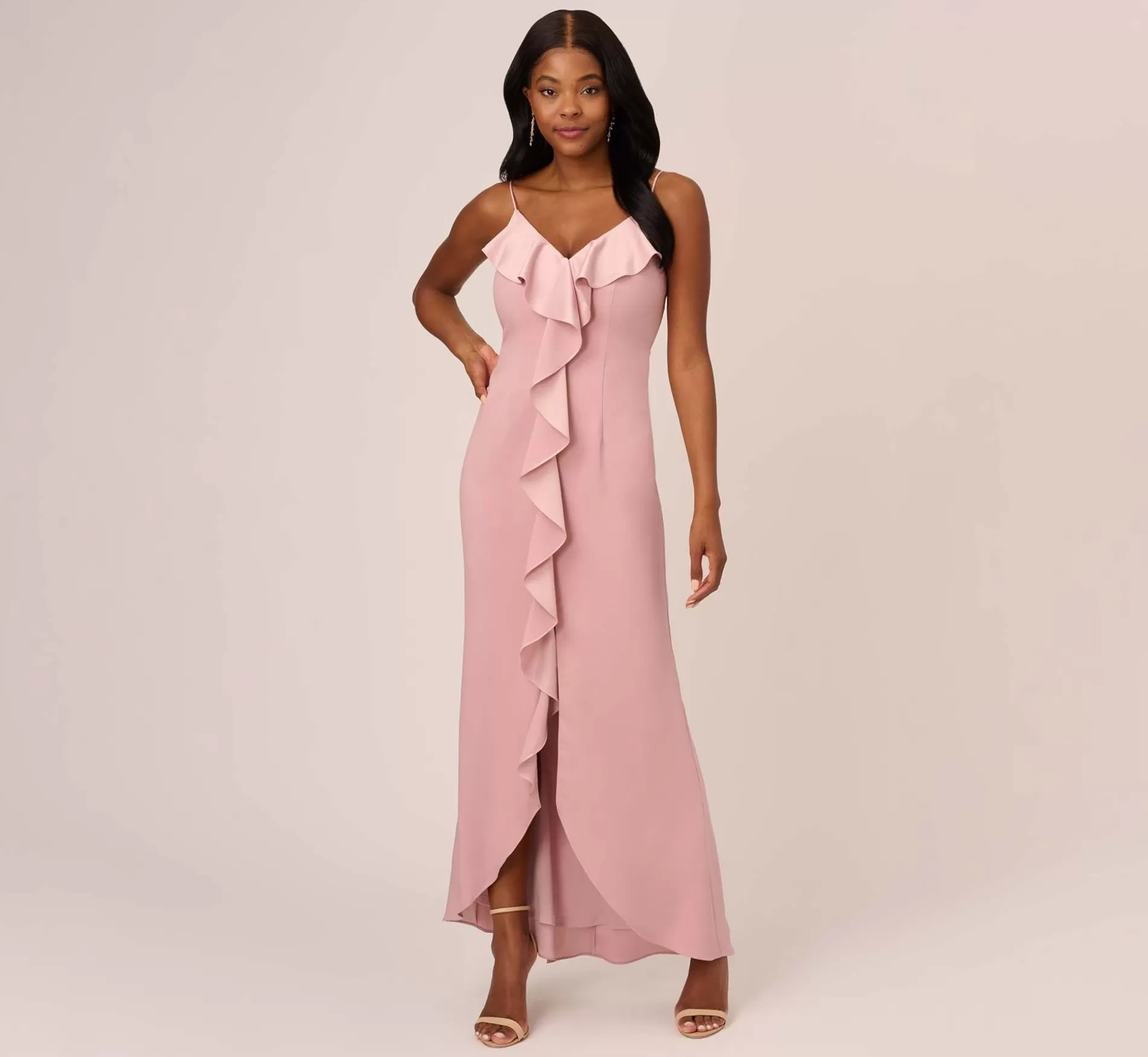 Discount Satin Crepe Ruffle Front Long Gown In Steel Rose Long Dresses | Black Tie