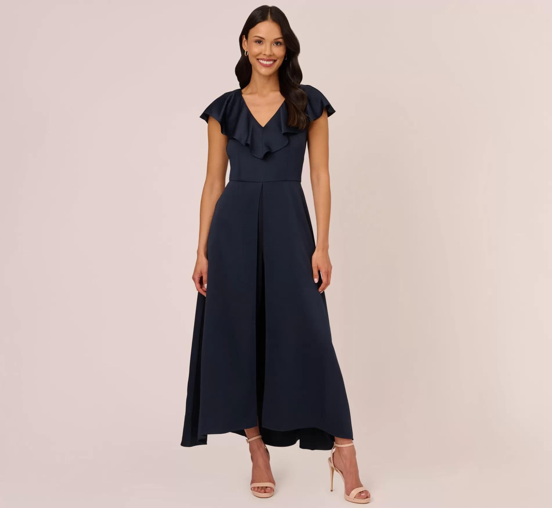 Shop Satin Crepe Ruffled Cropped Jumpsuit In Dark Navy Jumpsuits | Day Dresses