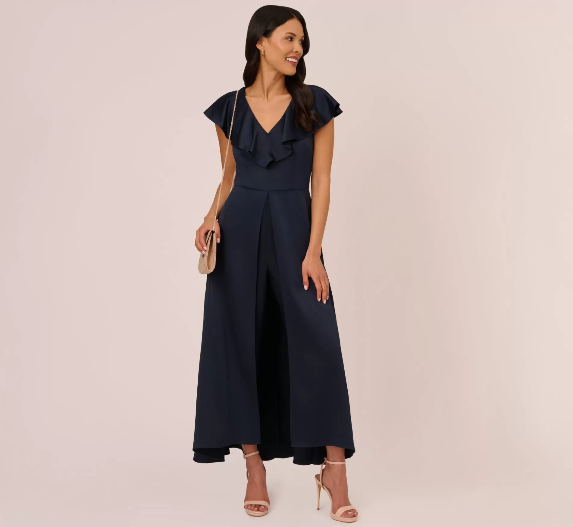 Shop Satin Crepe Ruffled Cropped Jumpsuit In Dark Navy Jumpsuits | Day Dresses