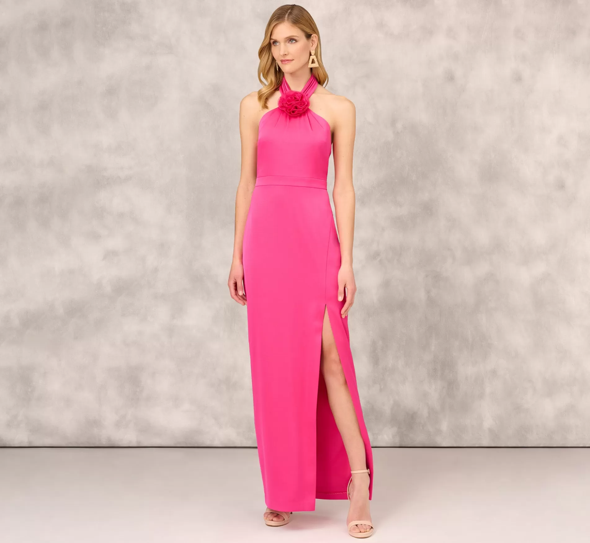 Sale Satin Halter Gown With Rosette Accent In Hot Pink Long Dresses | Long Dresses