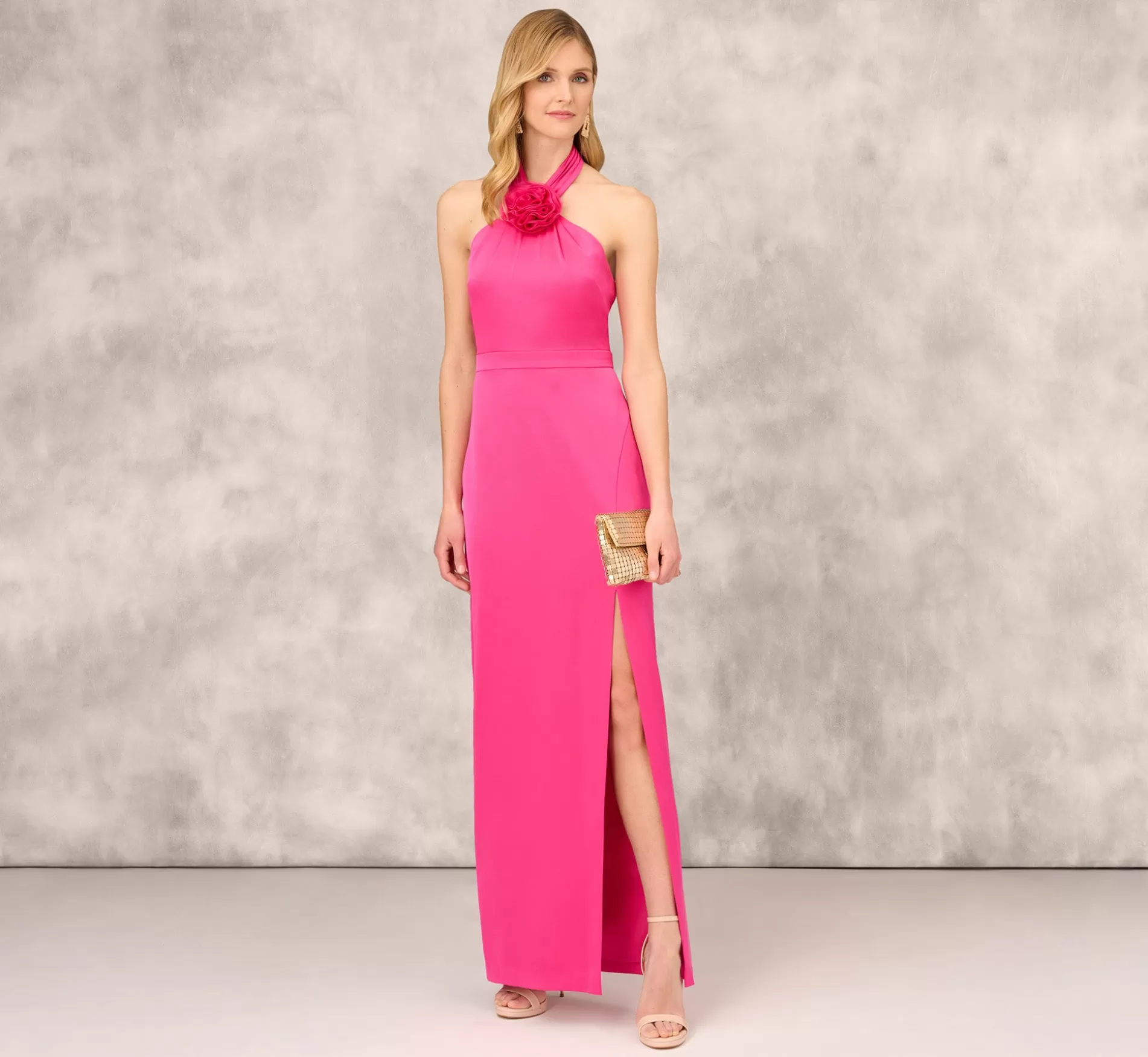 Sale Satin Halter Gown With Rosette Accent In Hot Pink Long Dresses | Long Dresses