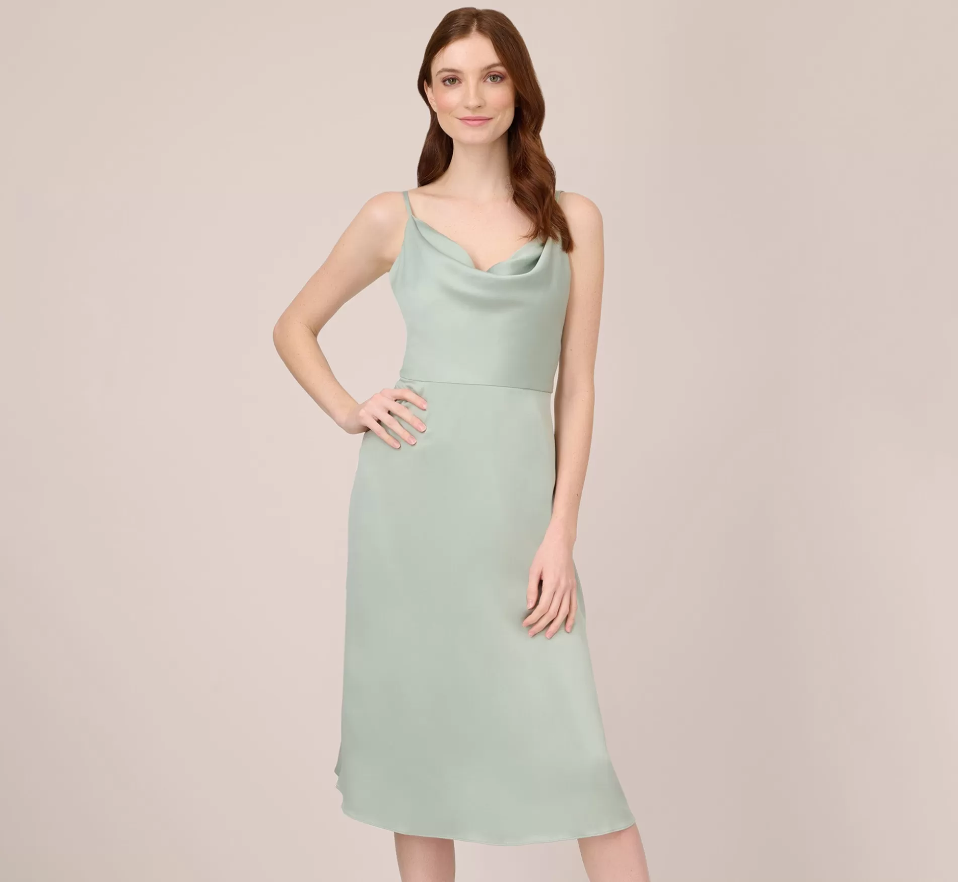 Clearance Satin Midi-Length Fit-And-Flare Cocktail Dress With Cowl Neck In Willow Cocktail | Day Dresses