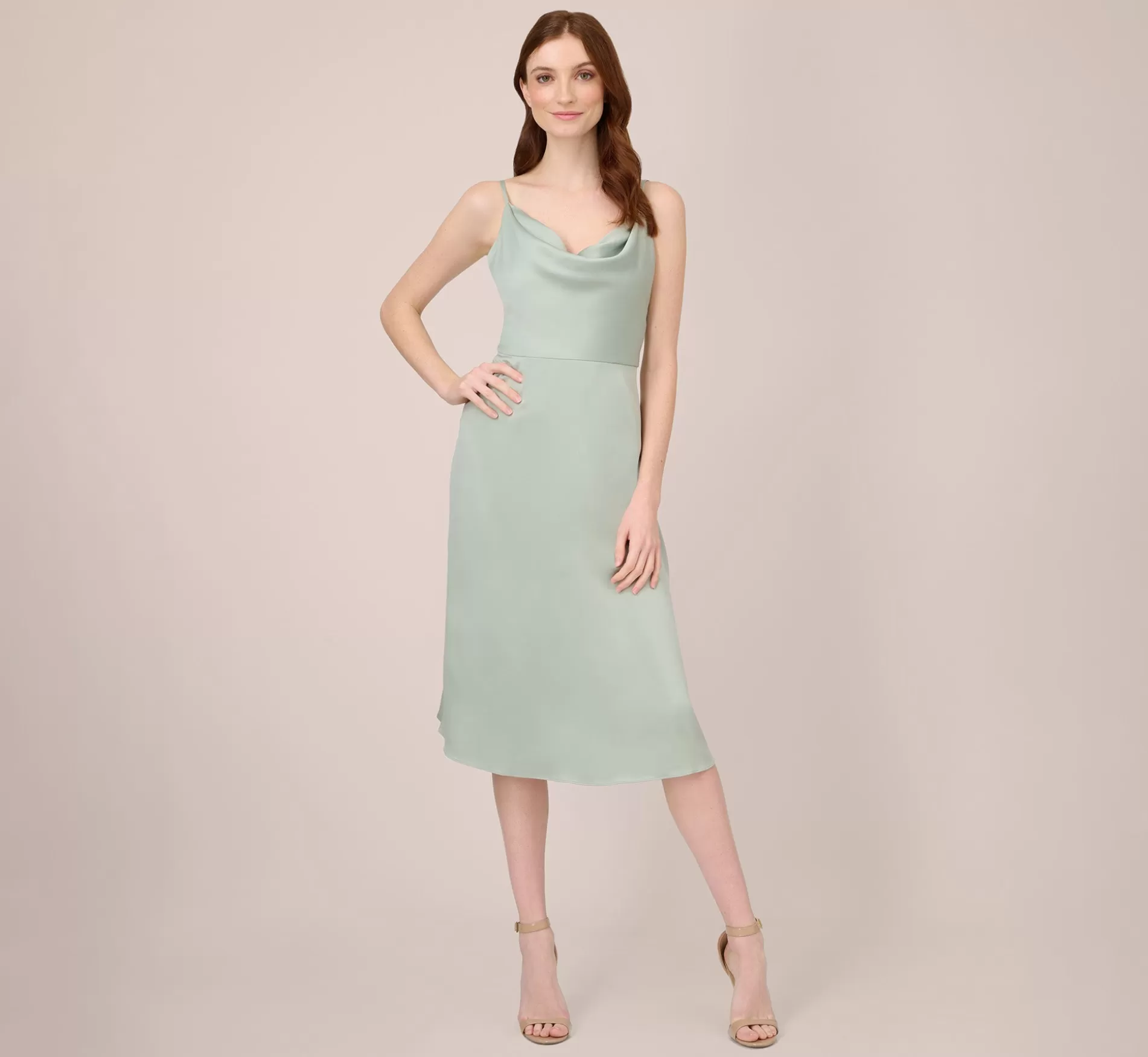 Clearance Satin Midi-Length Fit-And-Flare Cocktail Dress With Cowl Neck In Willow Cocktail | Day Dresses