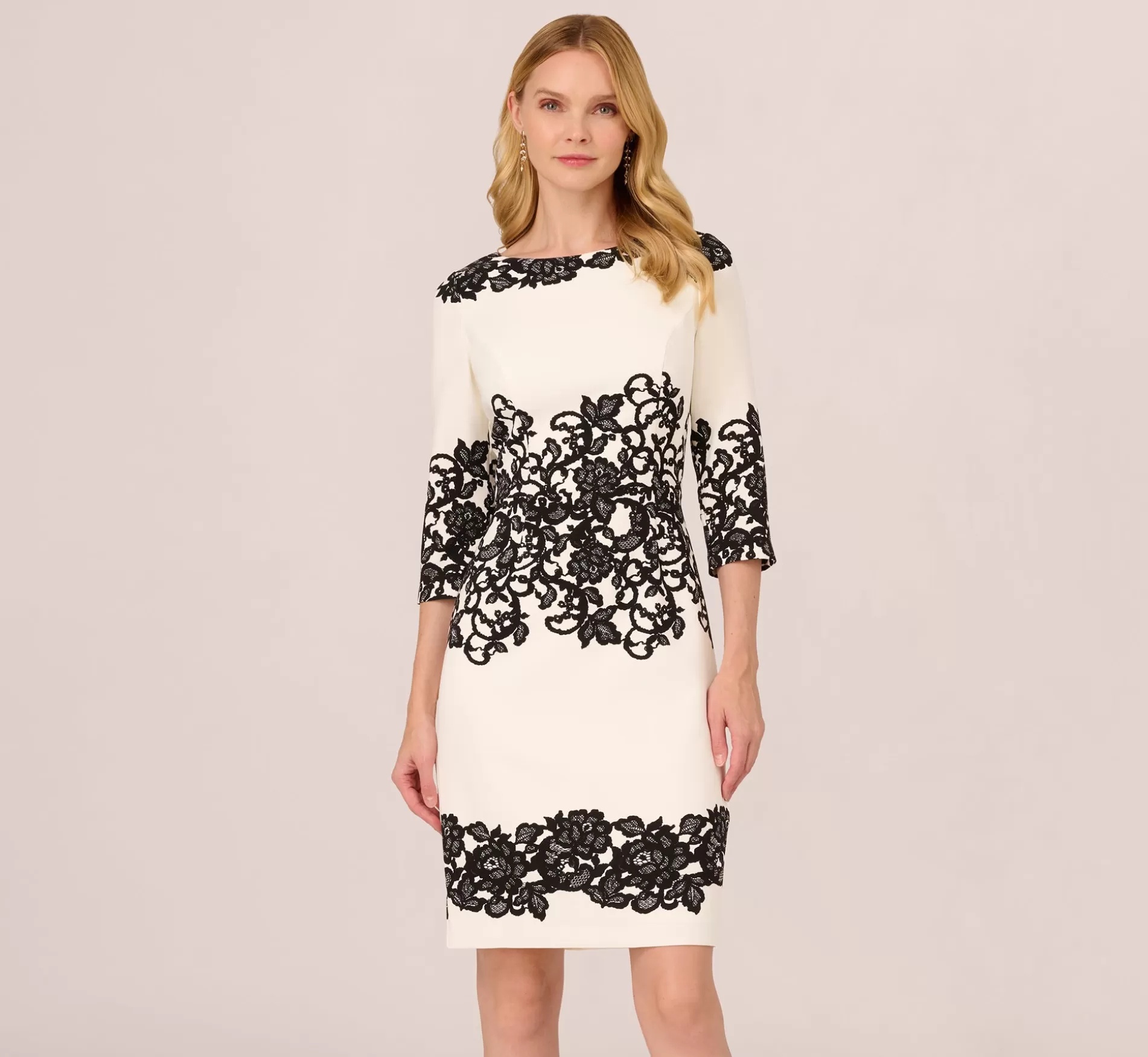 Sale Scroll Lace Midi Dress With Three Quarter Sleeves In Ivory Black Little White Dresses | Formal