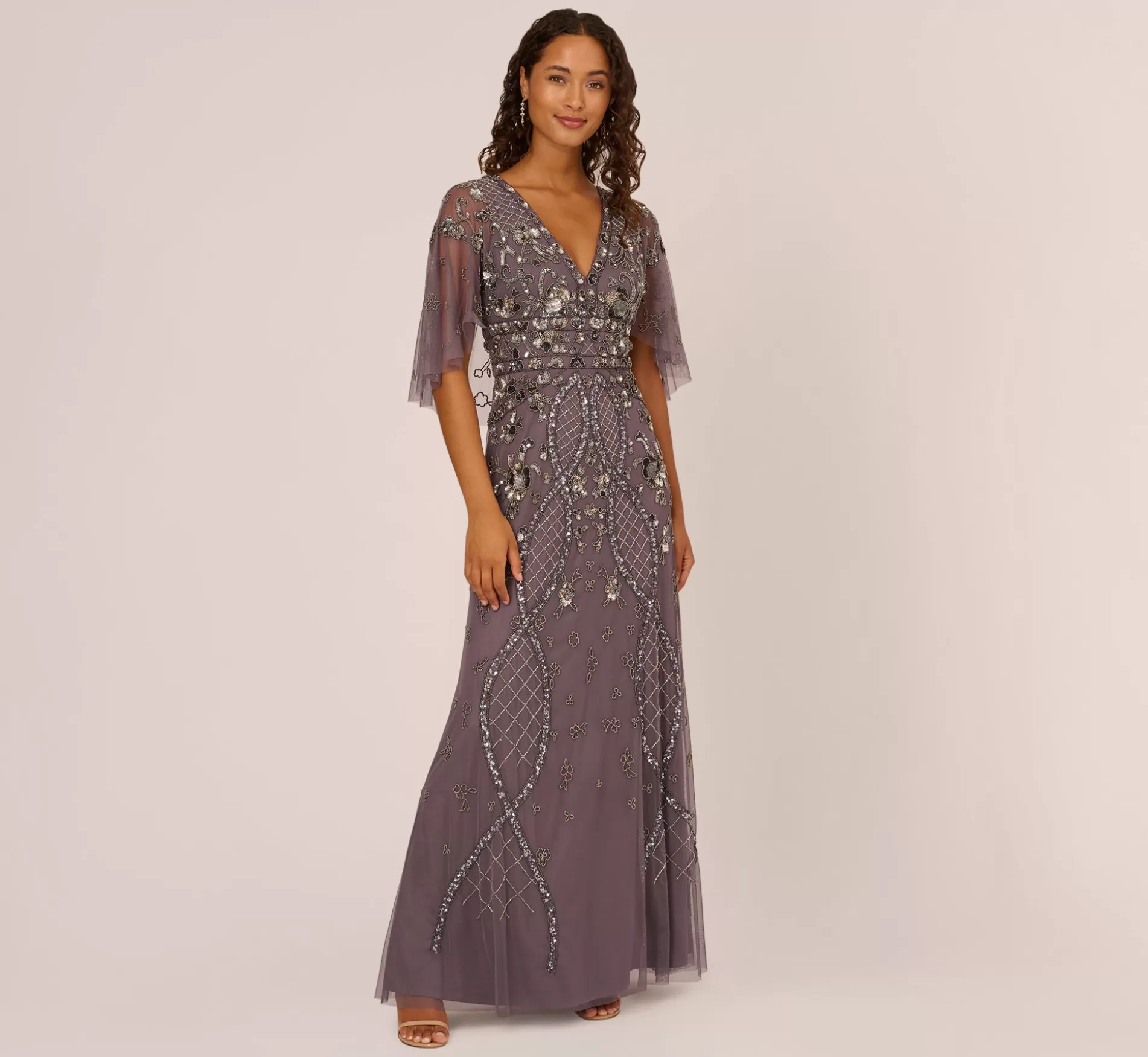 New Sequin Beaded Gown With Sheer Cape Sleeves In Moonscape Best Sellers | Beaded