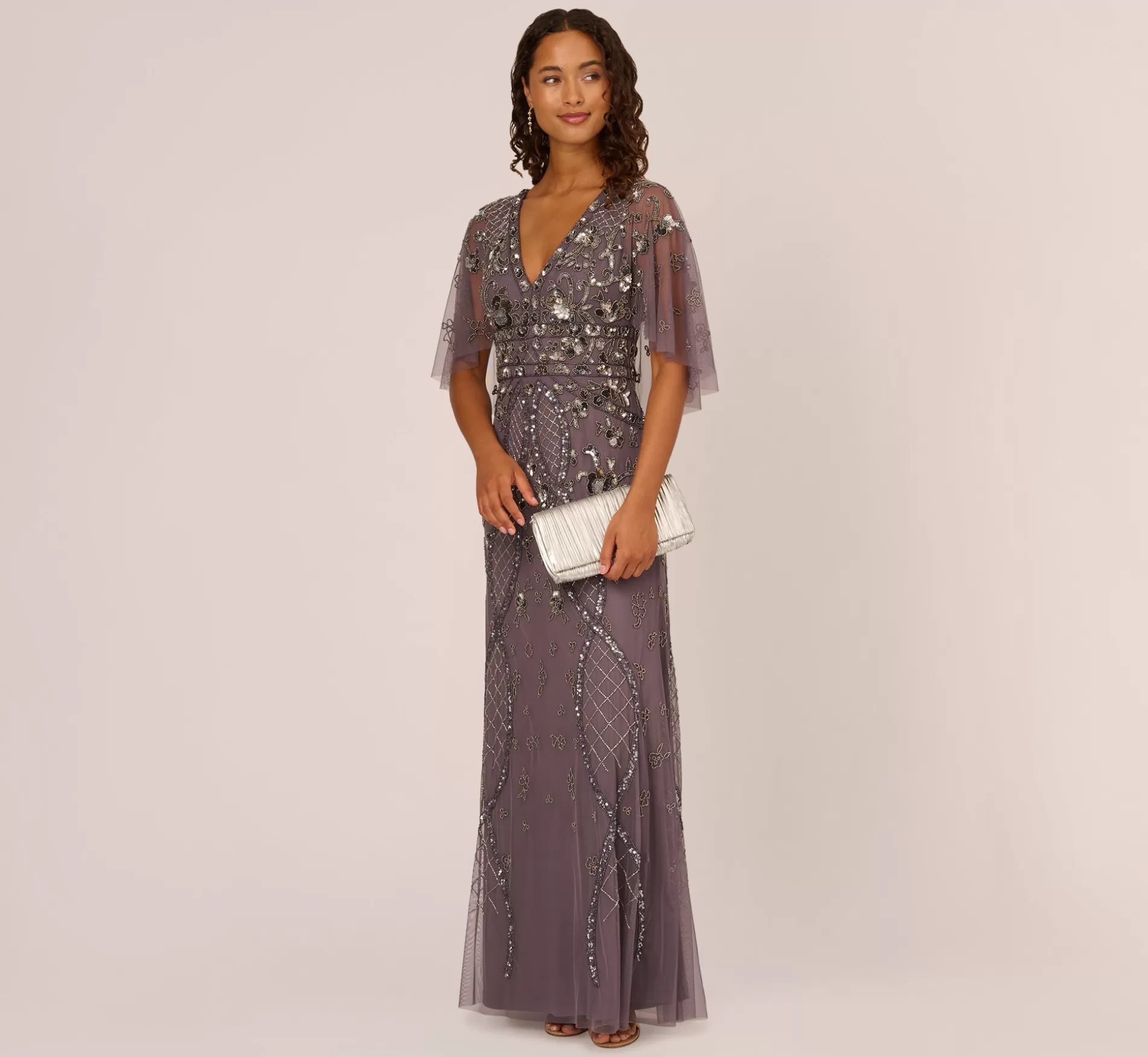 New Sequin Beaded Gown With Sheer Cape Sleeves In Moonscape Best Sellers | Beaded