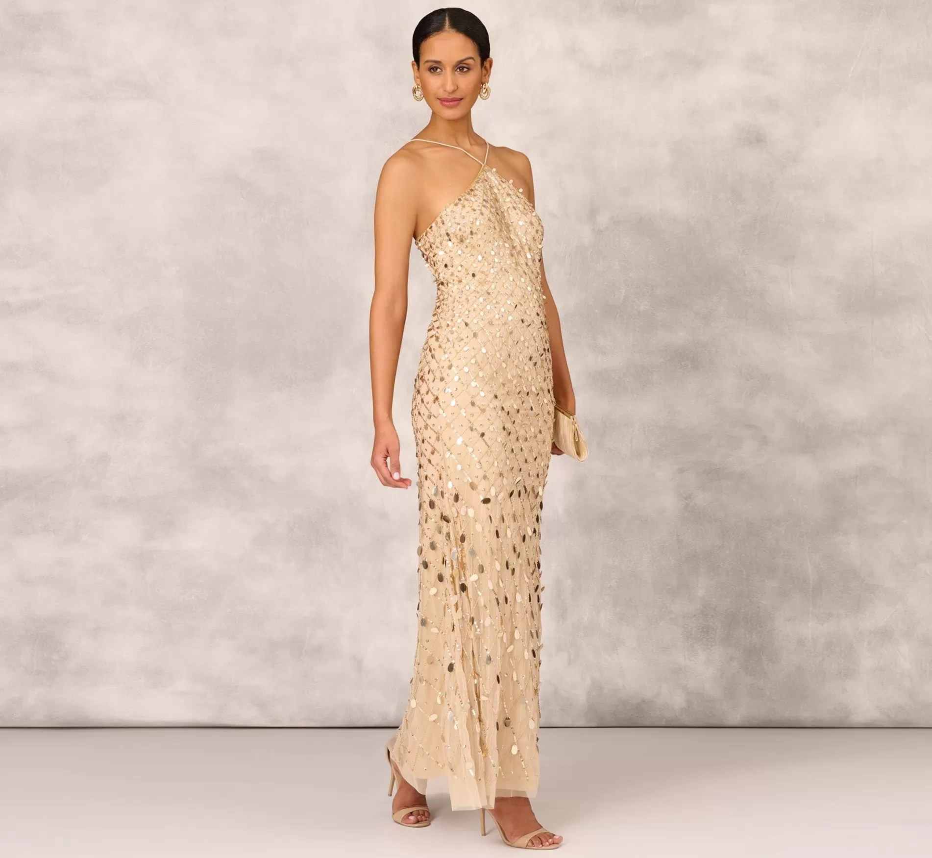 Fashion Sequin Beaded Mermaid Gown With Halter Neckline In Gold Long Dresses