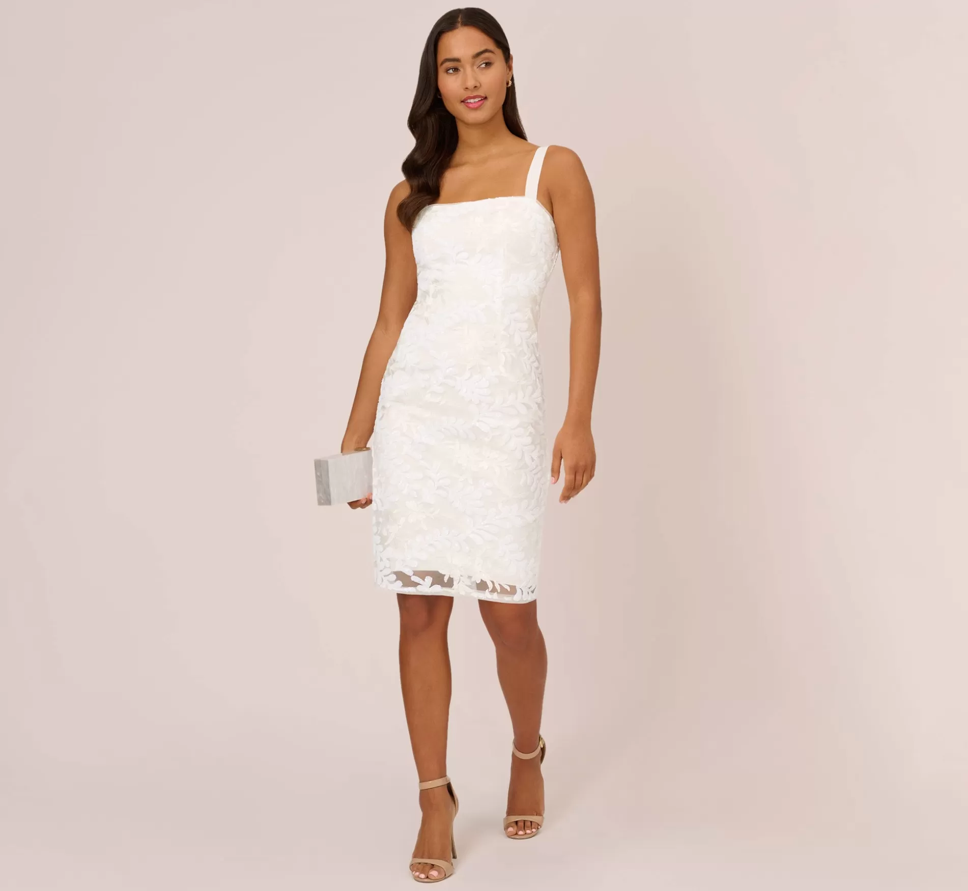 Cheap Sequin Embroidered Sheath Dress With Grosgrain Straps In Ivory Little White Dresses | Short Wedding Dresses